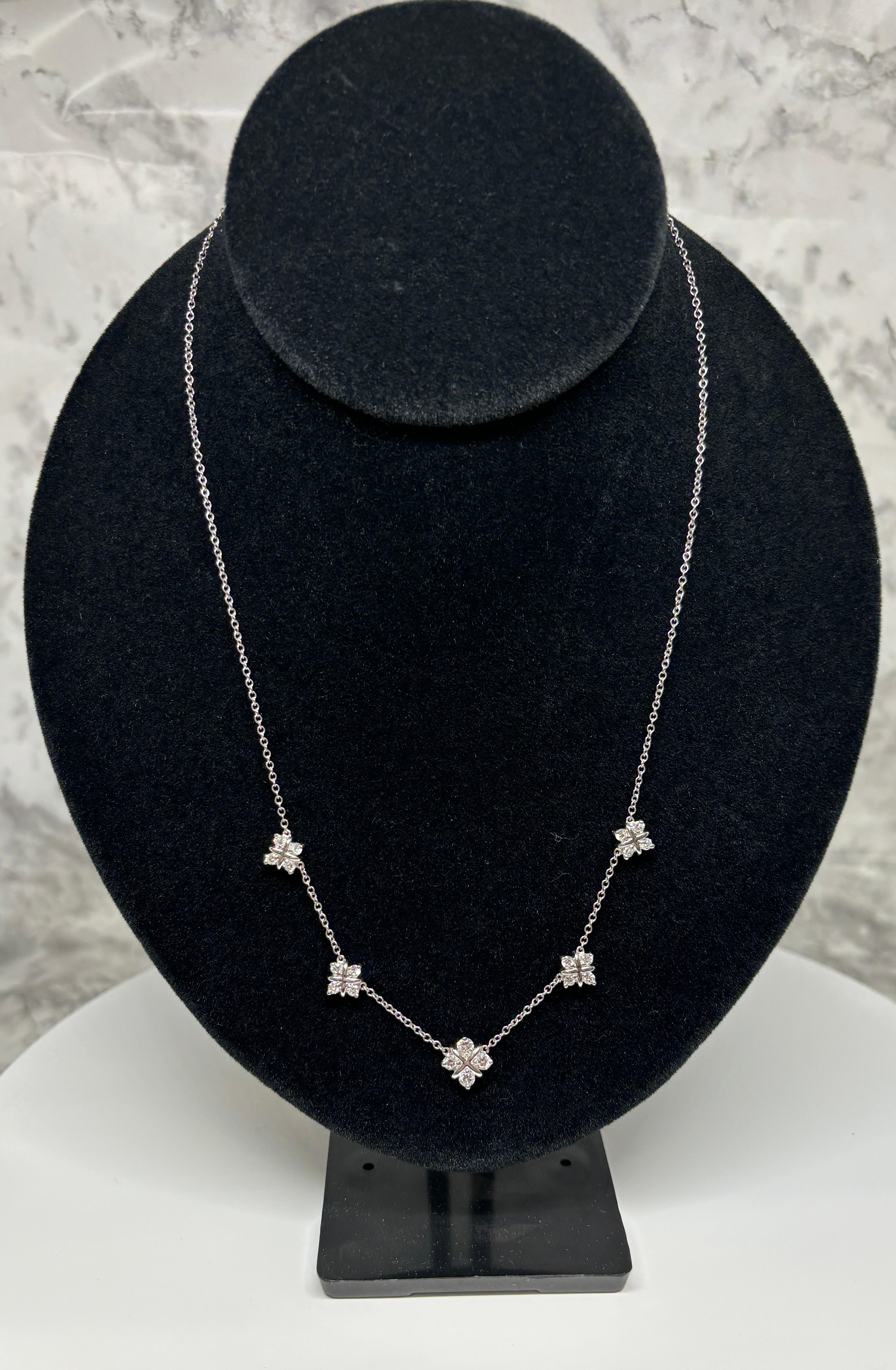 Platinum & Natural Brilliant Cut Diamond Cluster 1.10ctw Station Necklace For Sale 4