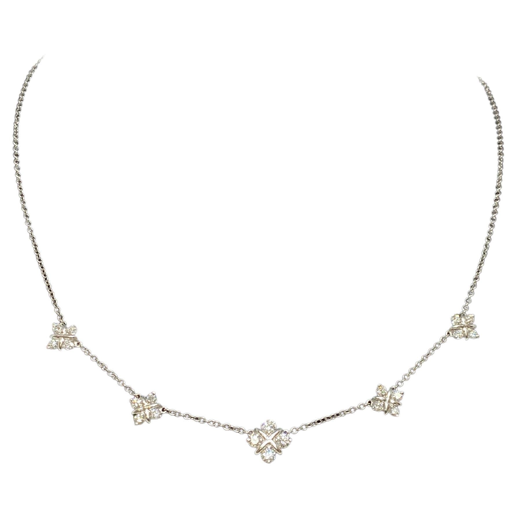 Platinum & Natural Brilliant Cut Diamond Cluster 1.10ctw Station Necklace For Sale