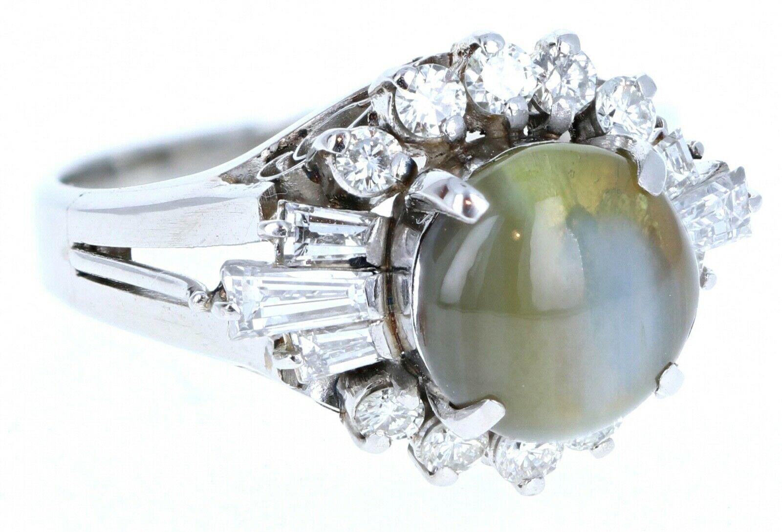Platinum Natural Chrysoberyl Cats Eye and Diamond Ring 4.02 Carat In Good Condition In Beverly Hills, CA