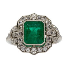 Platinum Natural Colombian No Oil Emerald and Oil Mine Cut Diamond Ring