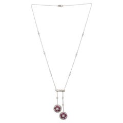 Platinum Natural Diamond & Ruby Dangle Drop Pendant Necklace