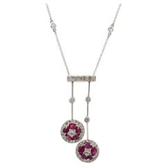 Platinum Natural Diamond & Ruby Dangle Drop Pendant Necklace