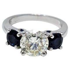 Anillo de compromiso de platino con zafiro y diamantes naturales Tres piedras Firmado PLAT 950