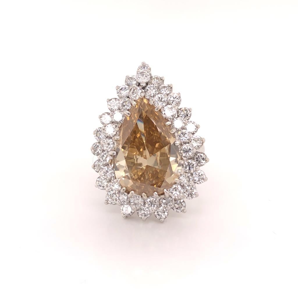 Pear Cut Double Halo Fancy Natural Yellow Brownish Pear Shape Platinum Diamond Ring For Sale