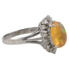 Platinum Natural Fire Opal & Diamond Halo Cocktail Statement Dome Ring