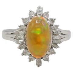 Platinum Natural Fire Opal & Diamond Halo Cocktail Statement Dome Ring