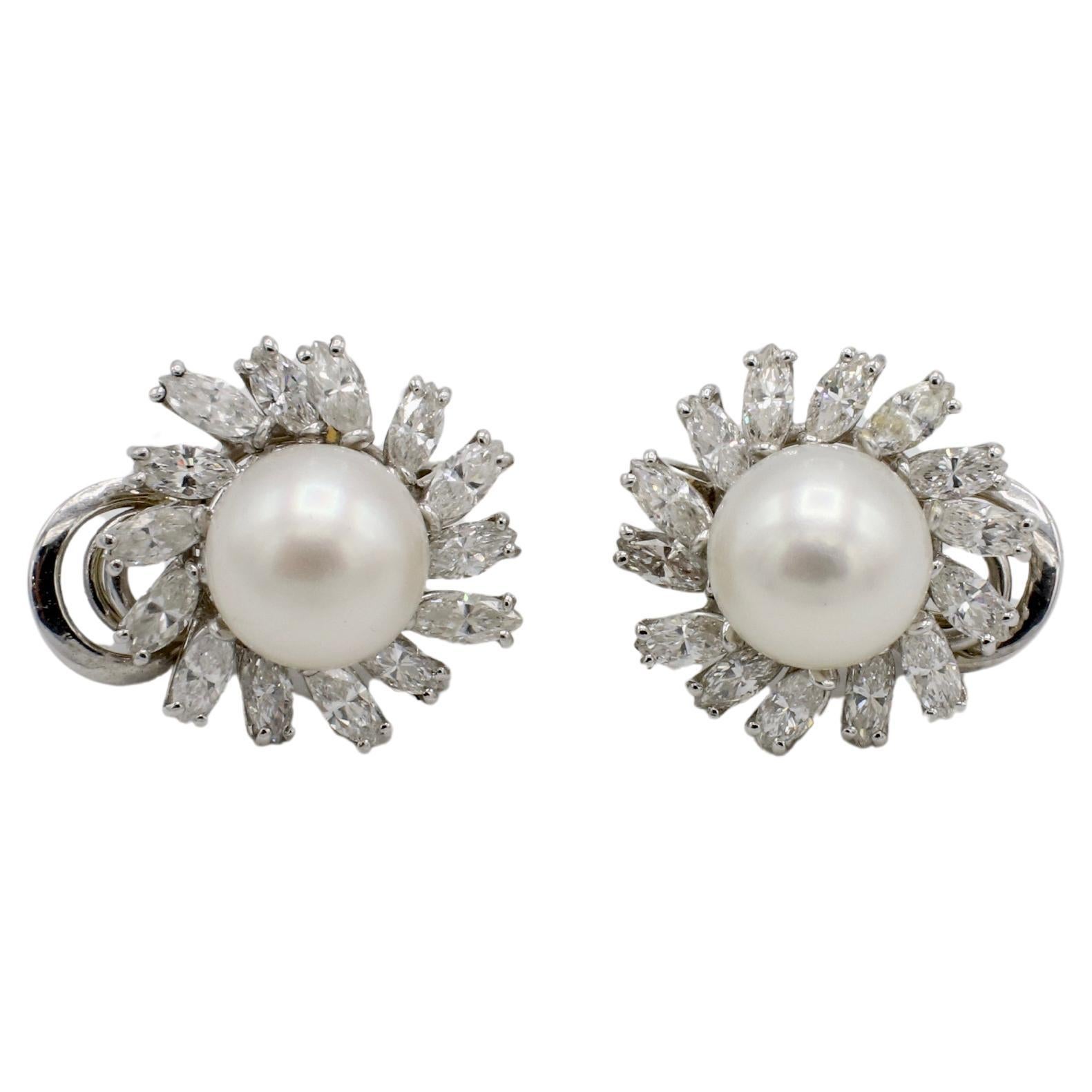 Platin Natürliche Marquise Diamant & Zuchtperle Clip auf Ohrringe (Retro) im Angebot