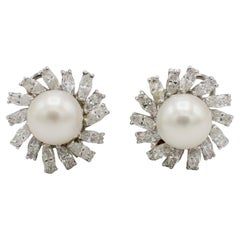 Platin Natürliche Marquise Diamant & Zuchtperle Clip auf Ohrringe
