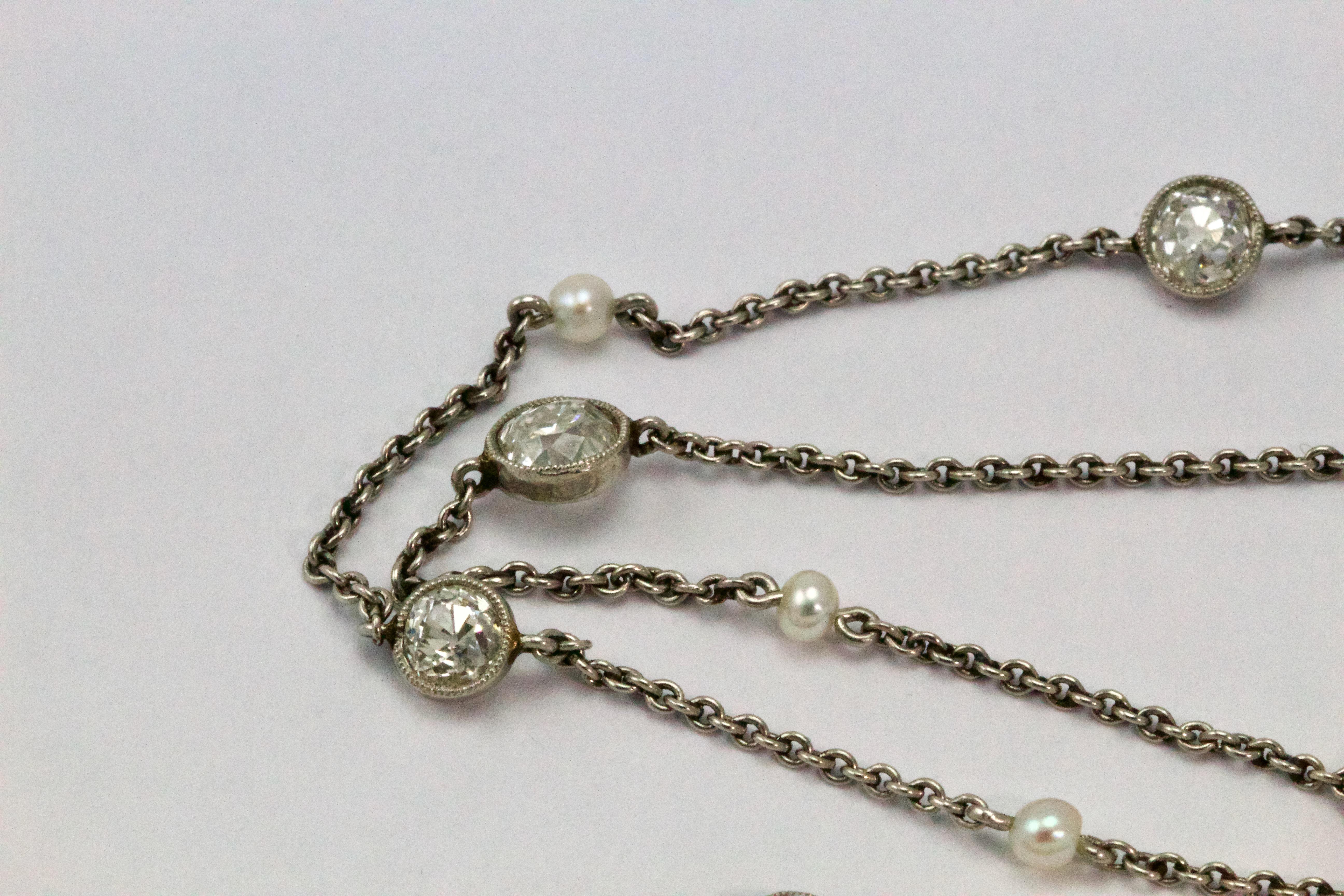 Platinum Natural Pearl and Diamond Chain In Excellent Condition In Chipping Campden, GB