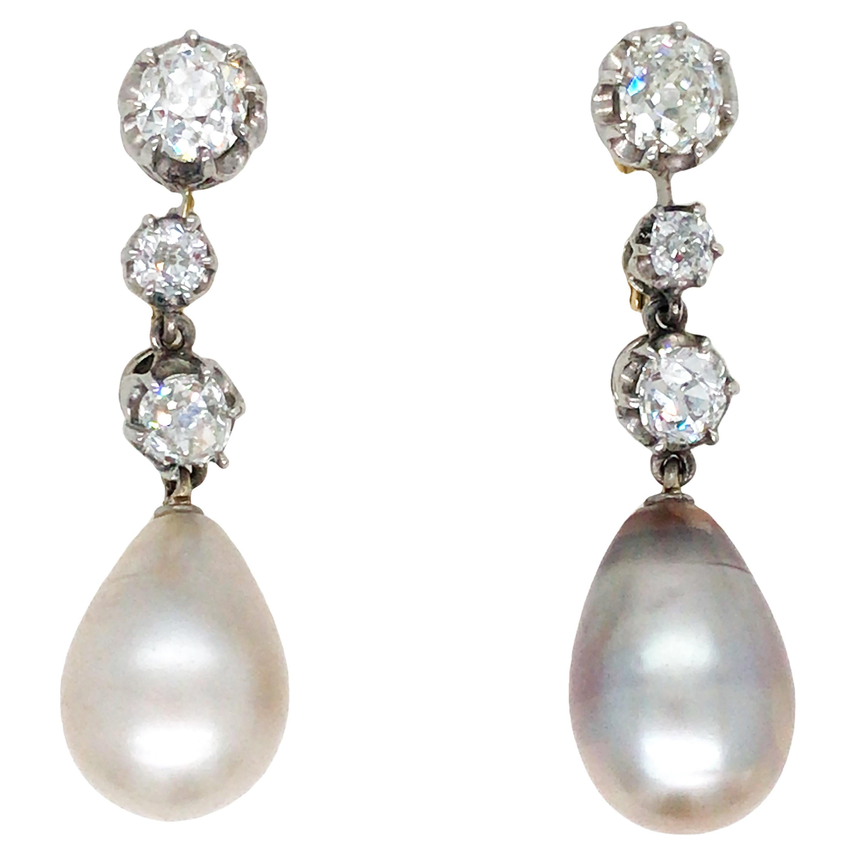 Platinum Natural Pearl Diamond Earrings, GIA
