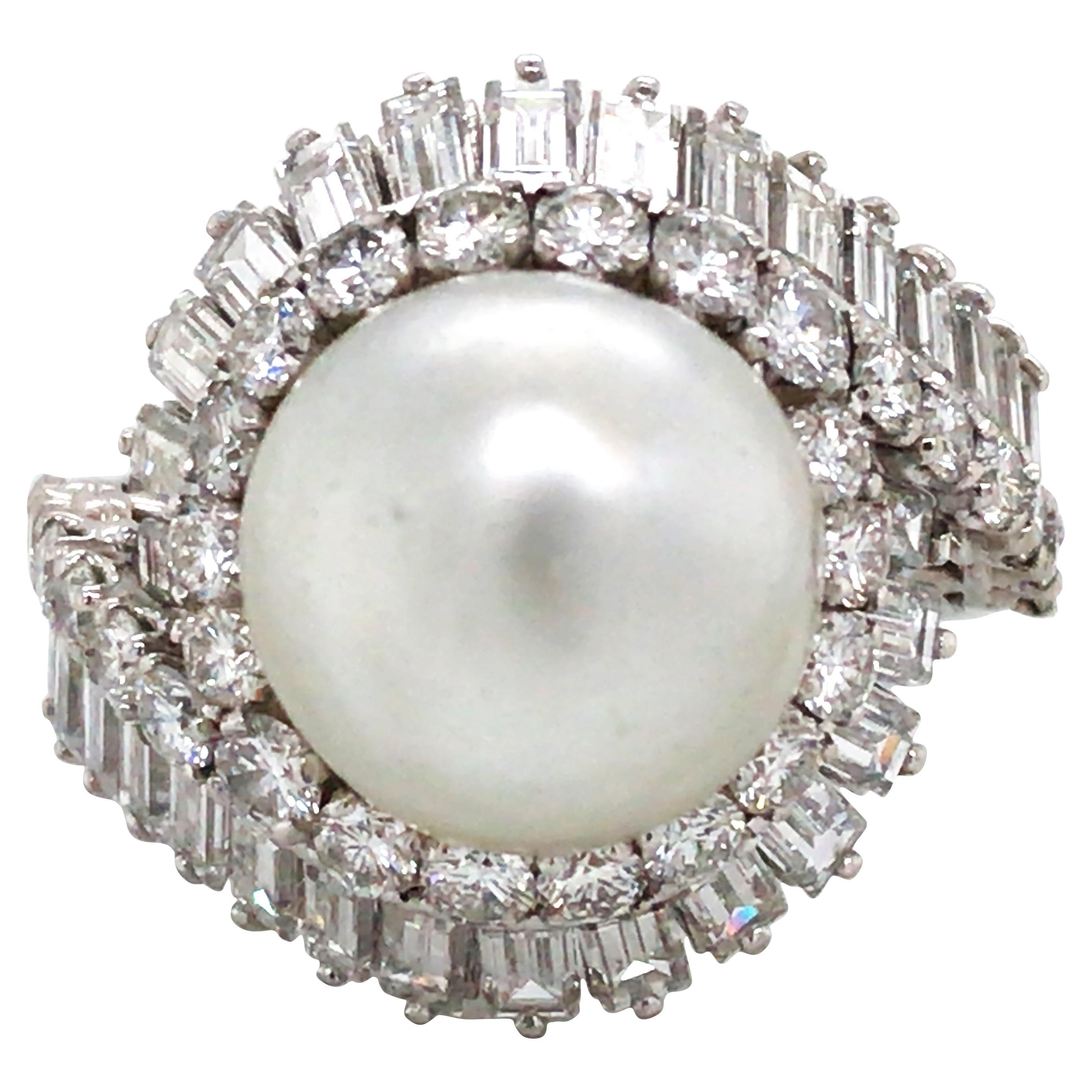 Platinum Natural Pearl Diamond Ring, GCS