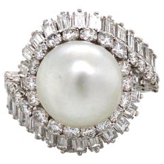 Platinum Natural Pearl Diamond Ring, GCS