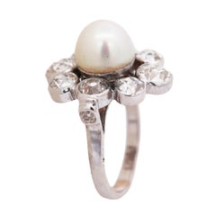 Platinum Natural Pearl Diamond Ring, GIA