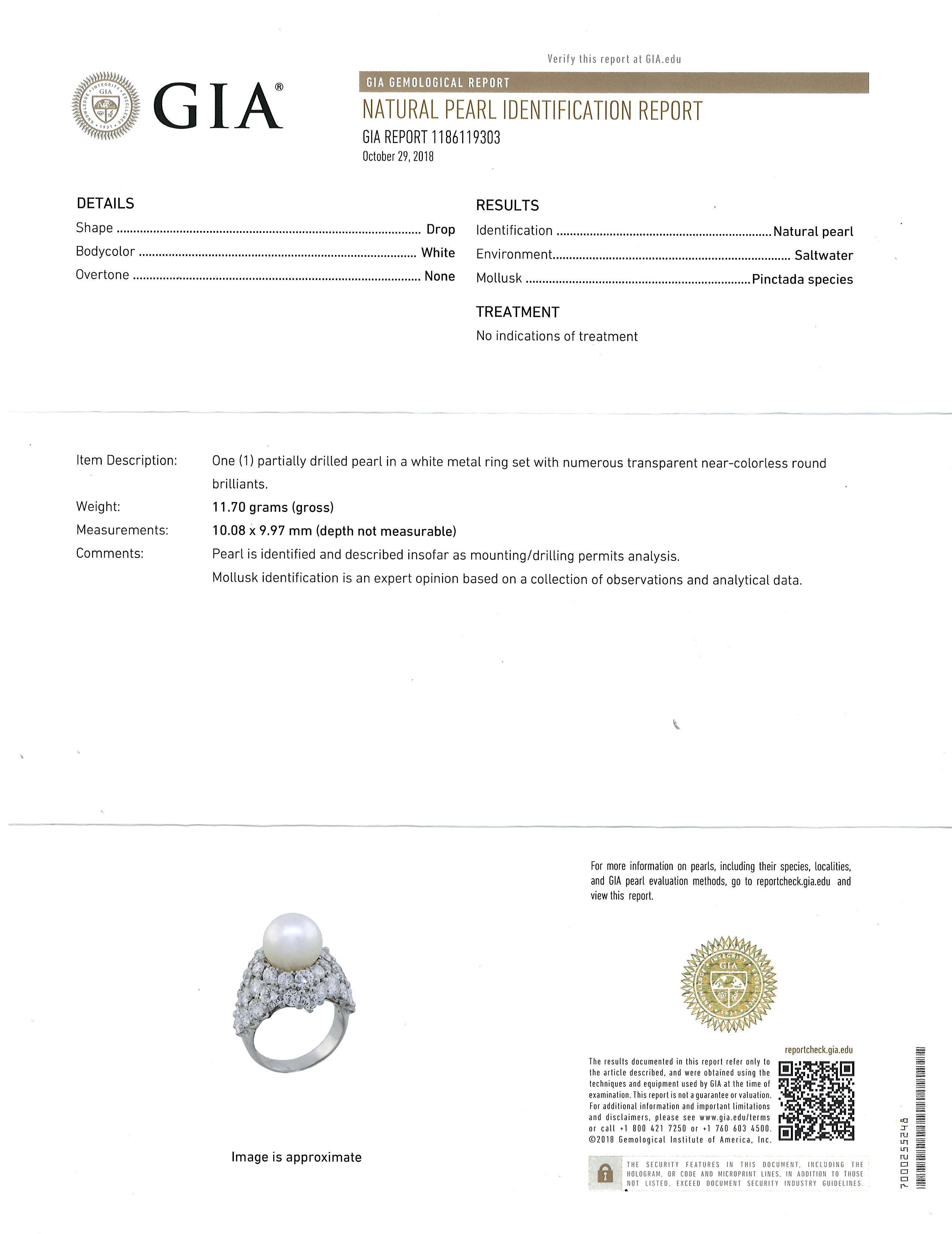 Women's Platinum, Natural Pearl Diamond Ring，GIA For Sale
