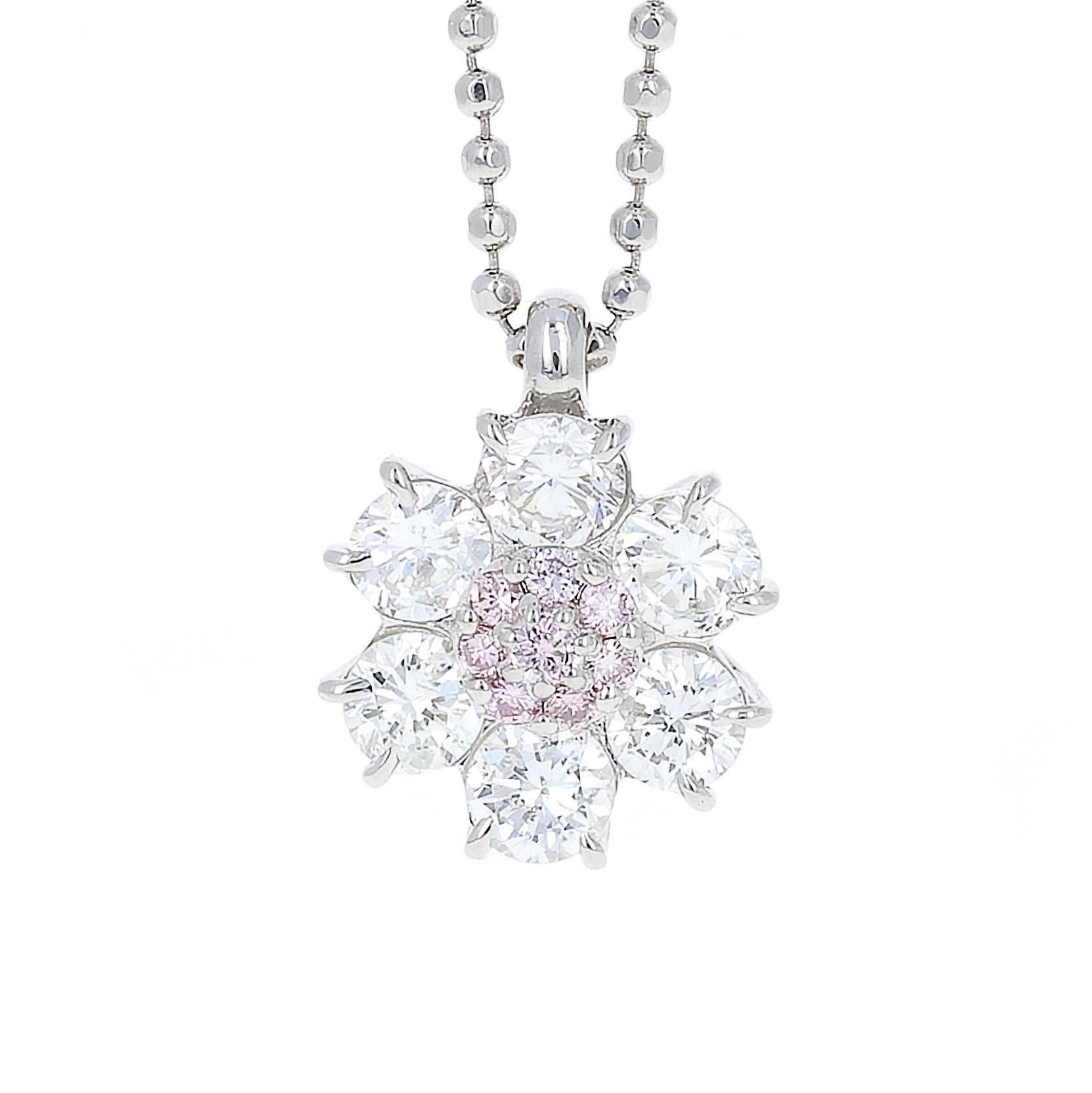 Round Cut Platinum, Natural Pink and White Diamond Flower Pendant Necklace