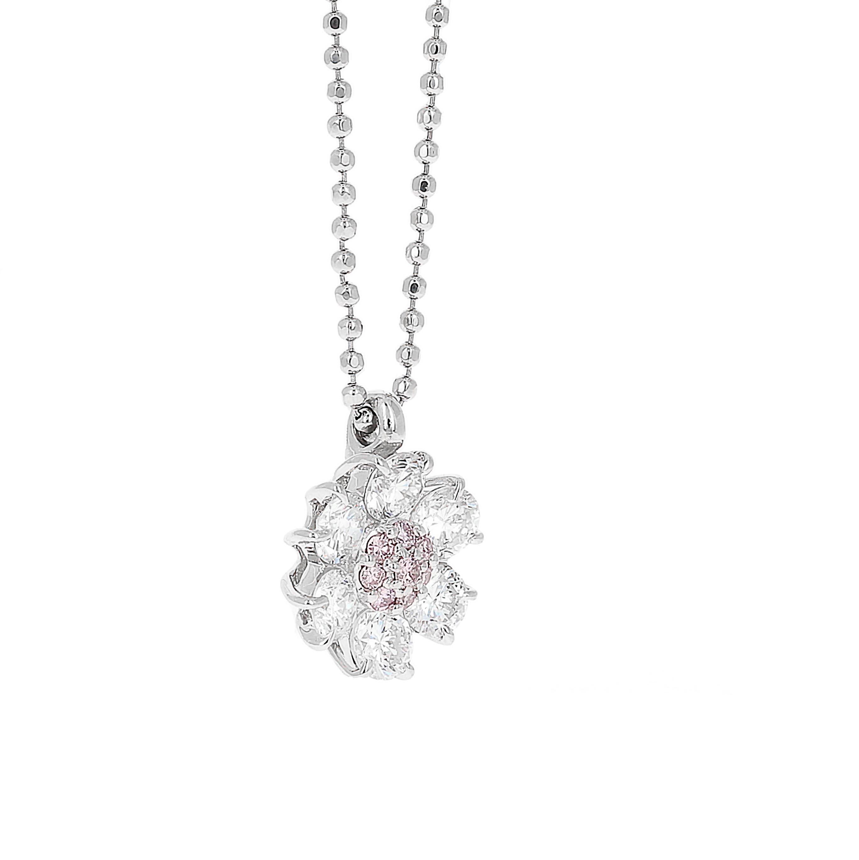 Platinum, Natural Pink and White Diamond Flower Pendant Necklace In New Condition In Beverly Hills, CA