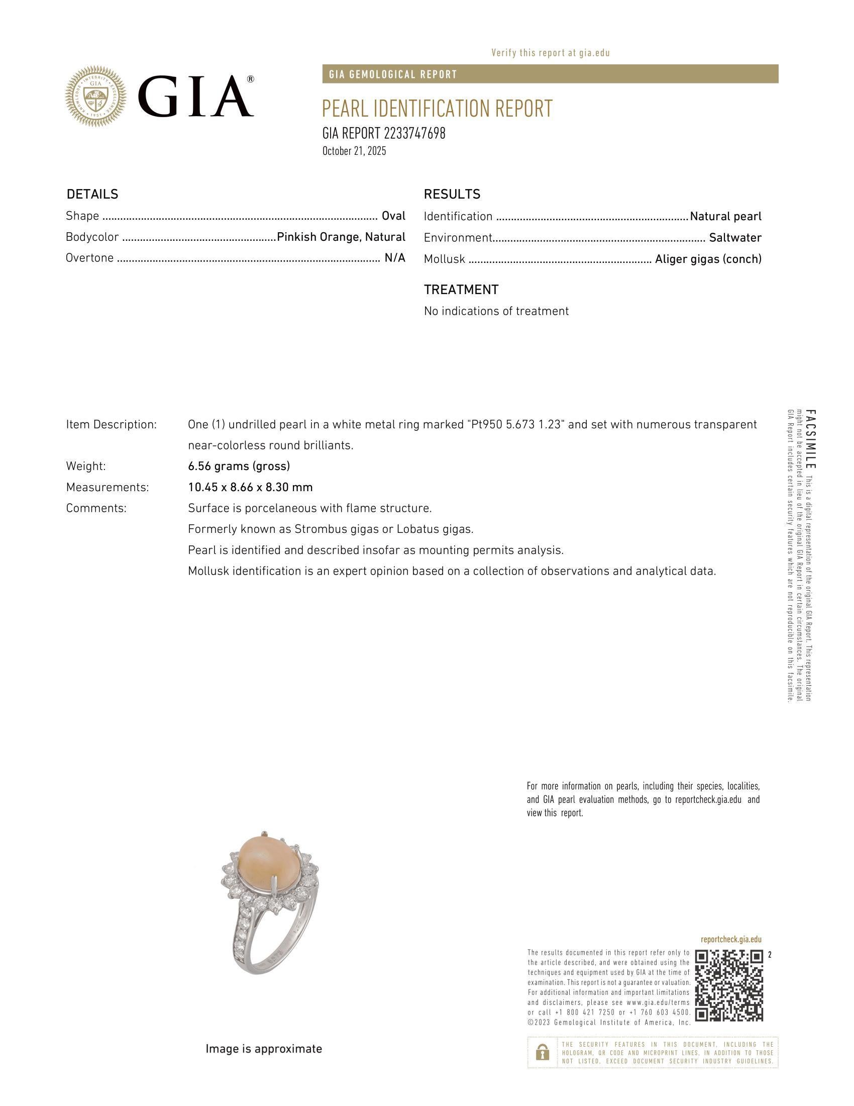 Bague en platine avec halo de diamants GIA 6,9ctw et perle de conque naturelle rose-orange en vente 8