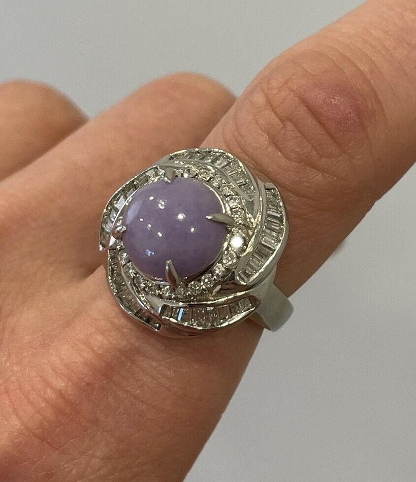 Women's or Men's Platinum Natural Purple Jadeite Jade a Diamond Ring 5.95ctw 16.4g For Sale