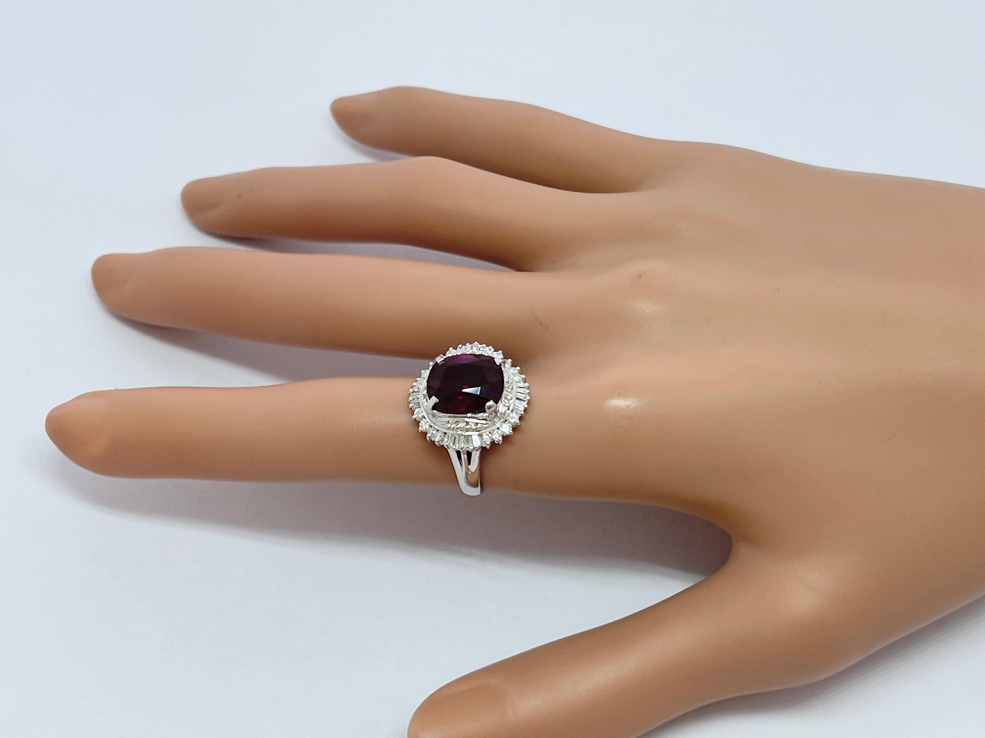 Bague ballerine d'évaluation en platine, grenat rhodolite naturel et diamant véritable en vente 5