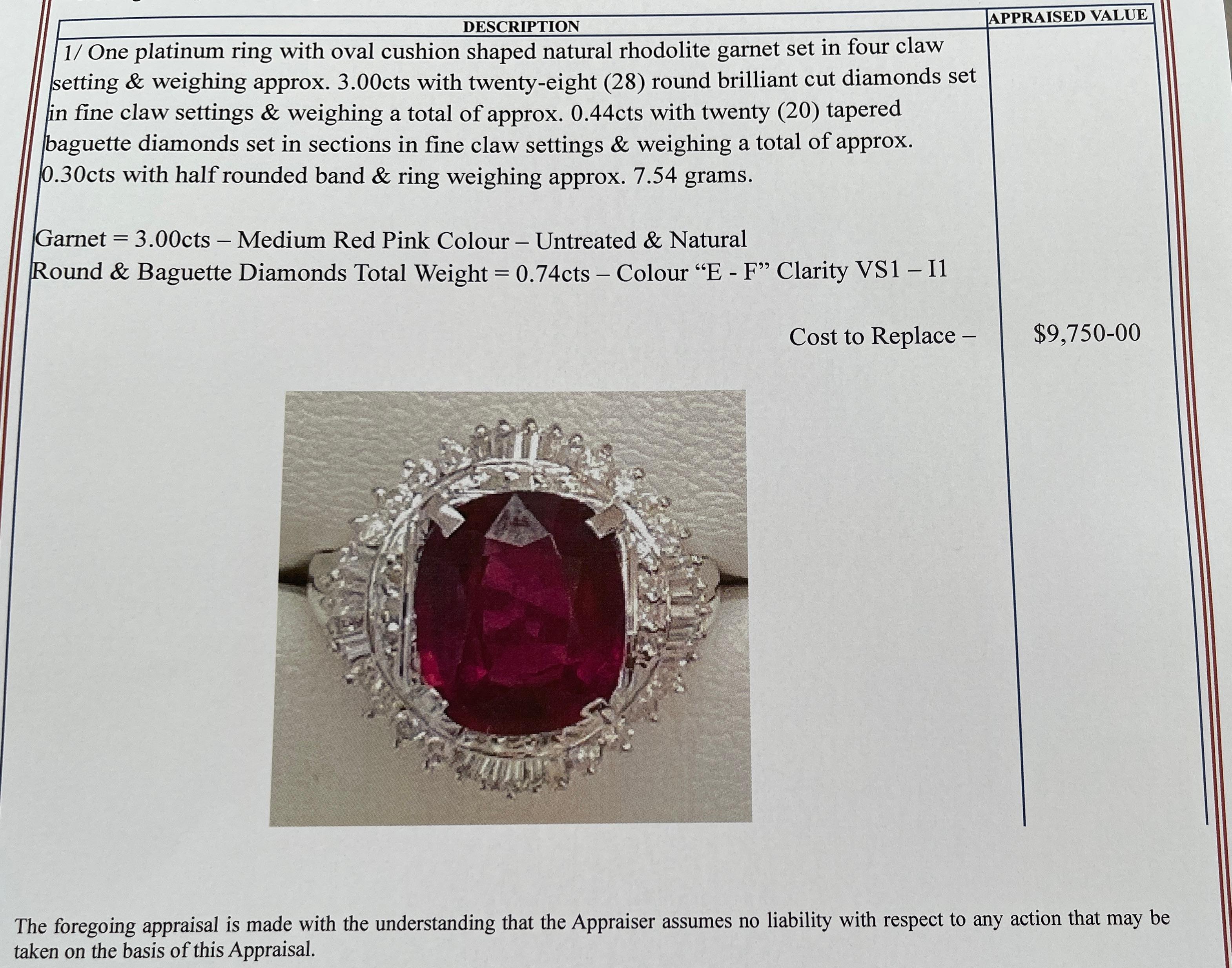 Platinum Natural Rhodolite Garnet and Genuine Diamond Ballerina Ring Valuation In New Condition For Sale In Mona Vale, NSW