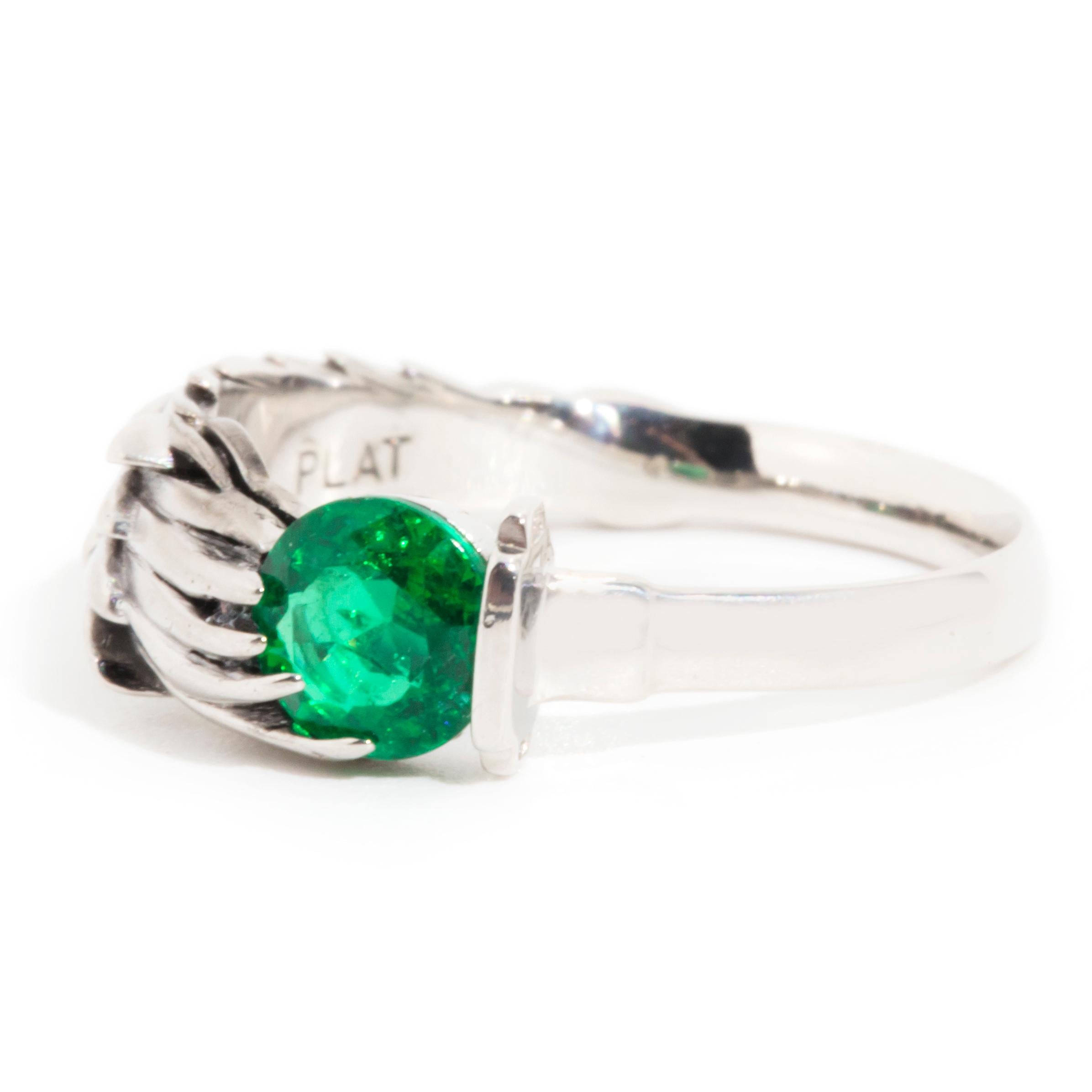 Modern Platinum Natural Round 0.42 Carat Green Emerald Mythical Fantasy Vintage Ring For Sale