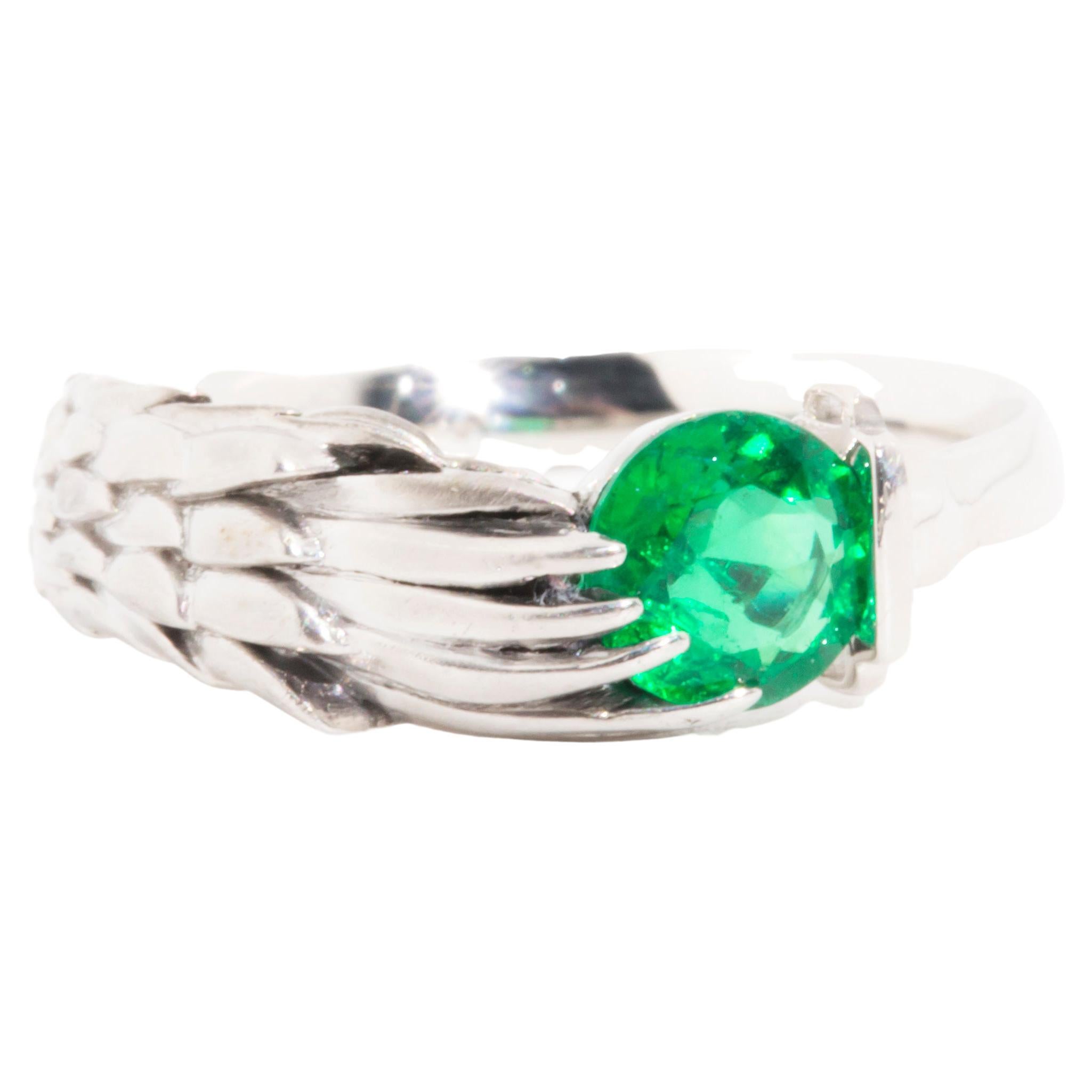 Platinum Natural Round 0.42 Carat Green Emerald Mythical Fantasy Vintage Ring For Sale