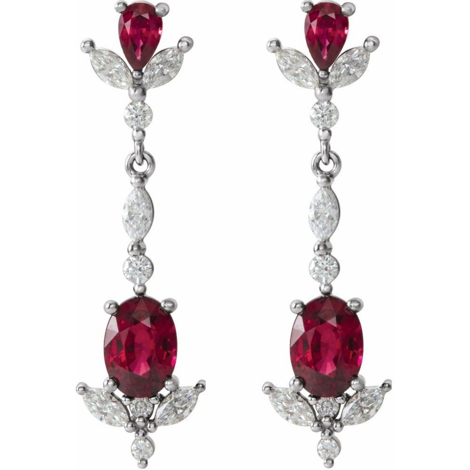Oval Cut Platinum Natural Ruby & 3/4 CTW Natural Diamond Dangle Earrings For Sale