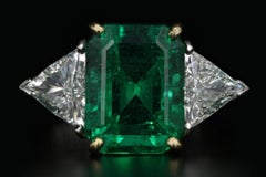Platinum Natural Zambian Emerald Ring with Trillion Cut Diamonds