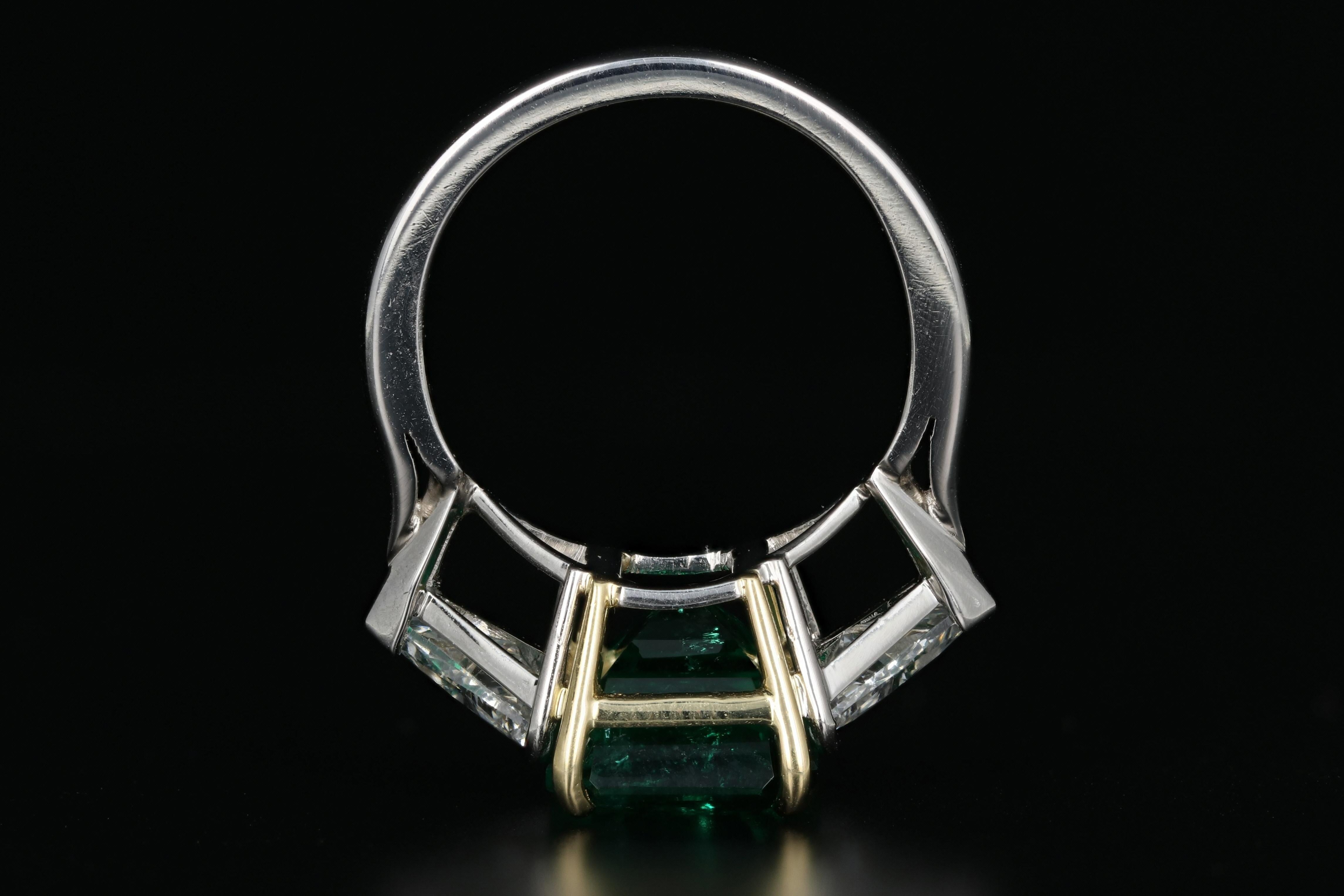 Platinum Natural Zambian Emerald Ring with Trillion Cut Diamonds In Excellent Condition In Cape May, NJ