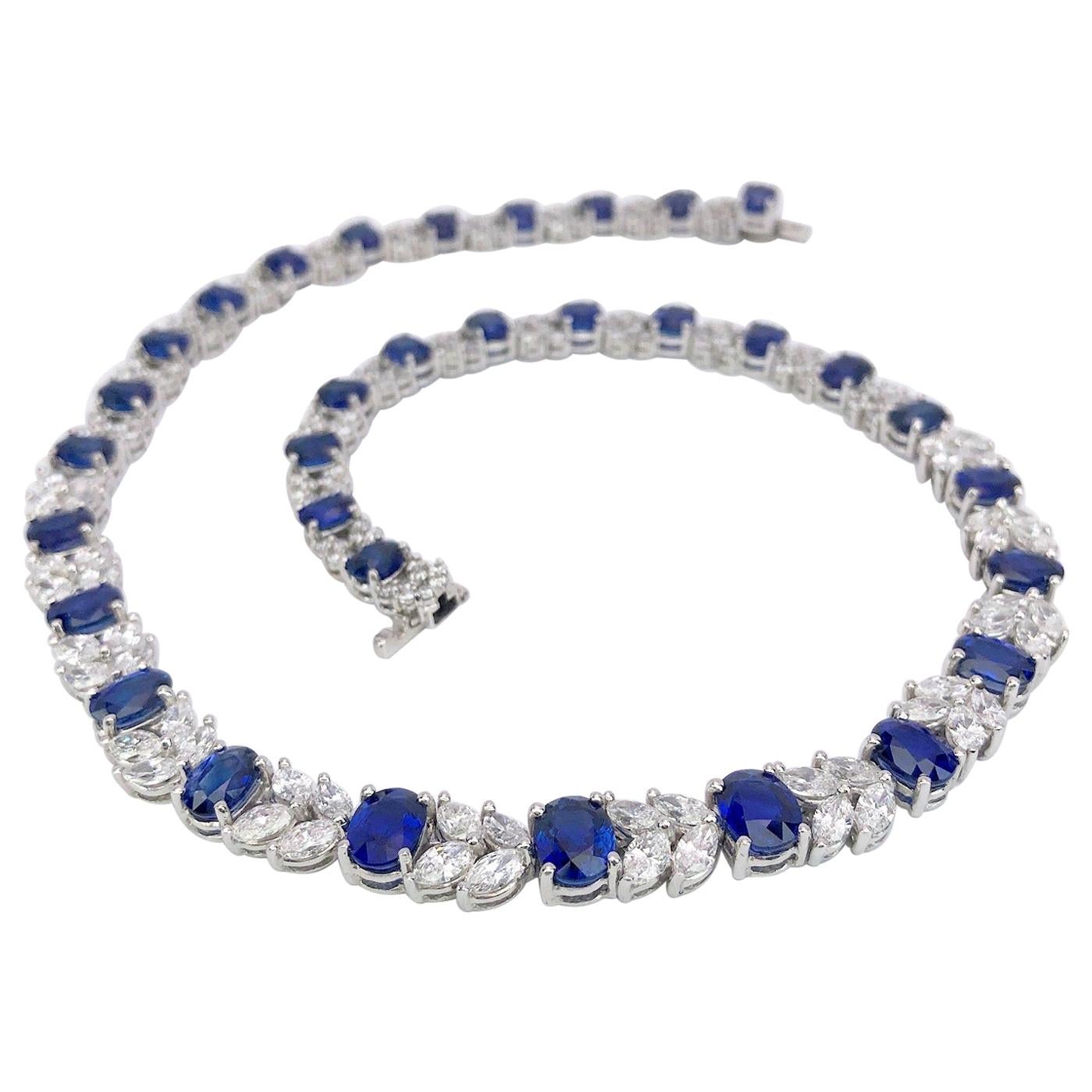 Platinum Necklace 33.70 Carat Oval Blue Sapphires and 13.22 Carat Diamonds