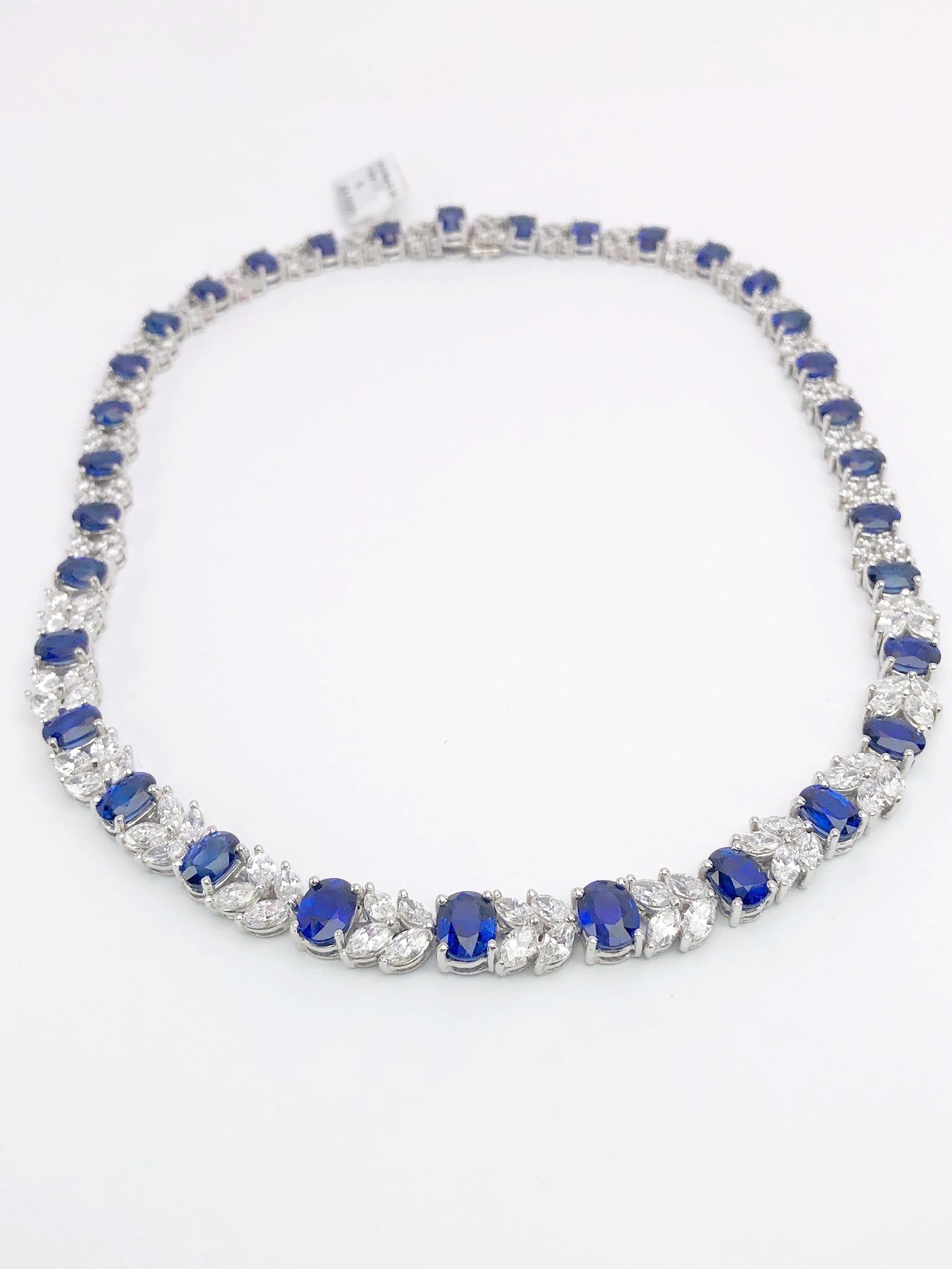 Platinum Necklace 33.70 Carat Oval Blue Sapphires and 13.22 Carat Diamonds 5