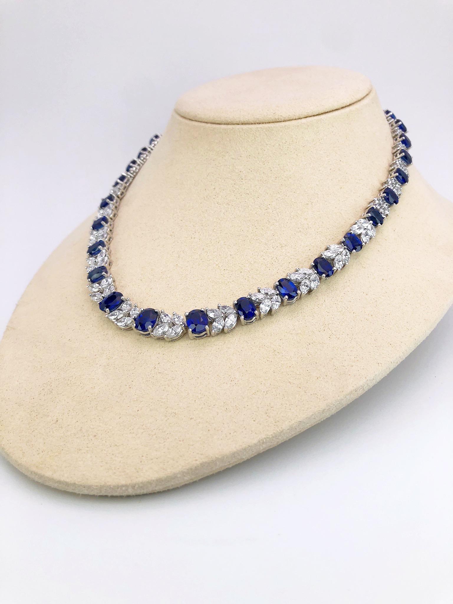 Contemporary Platinum Necklace 33.70 Carat Oval Blue Sapphires and 13.22 Carat Diamonds