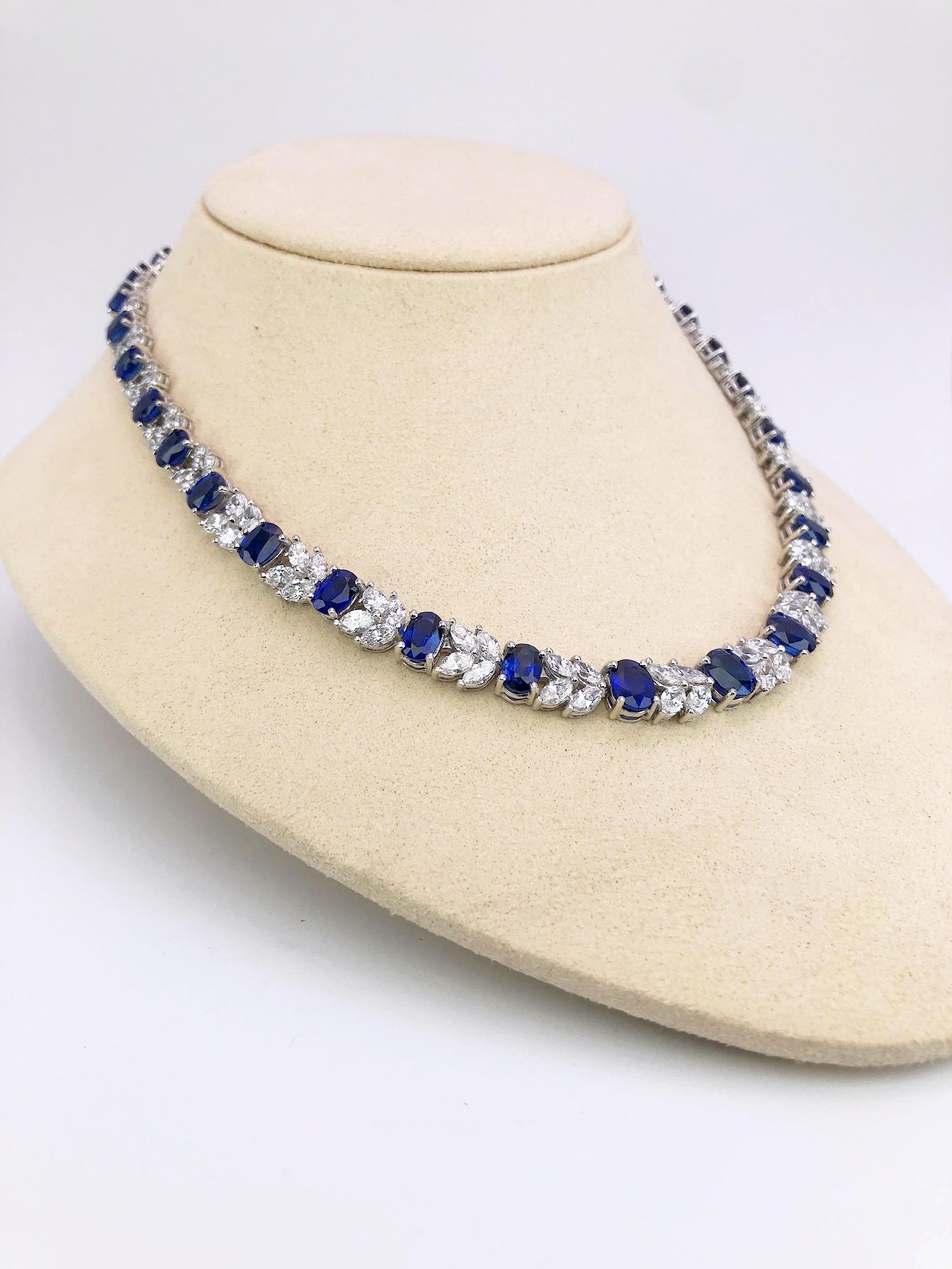 Oval Cut Platinum Necklace 33.70 Carat Oval Blue Sapphires and 13.22 Carat Diamonds