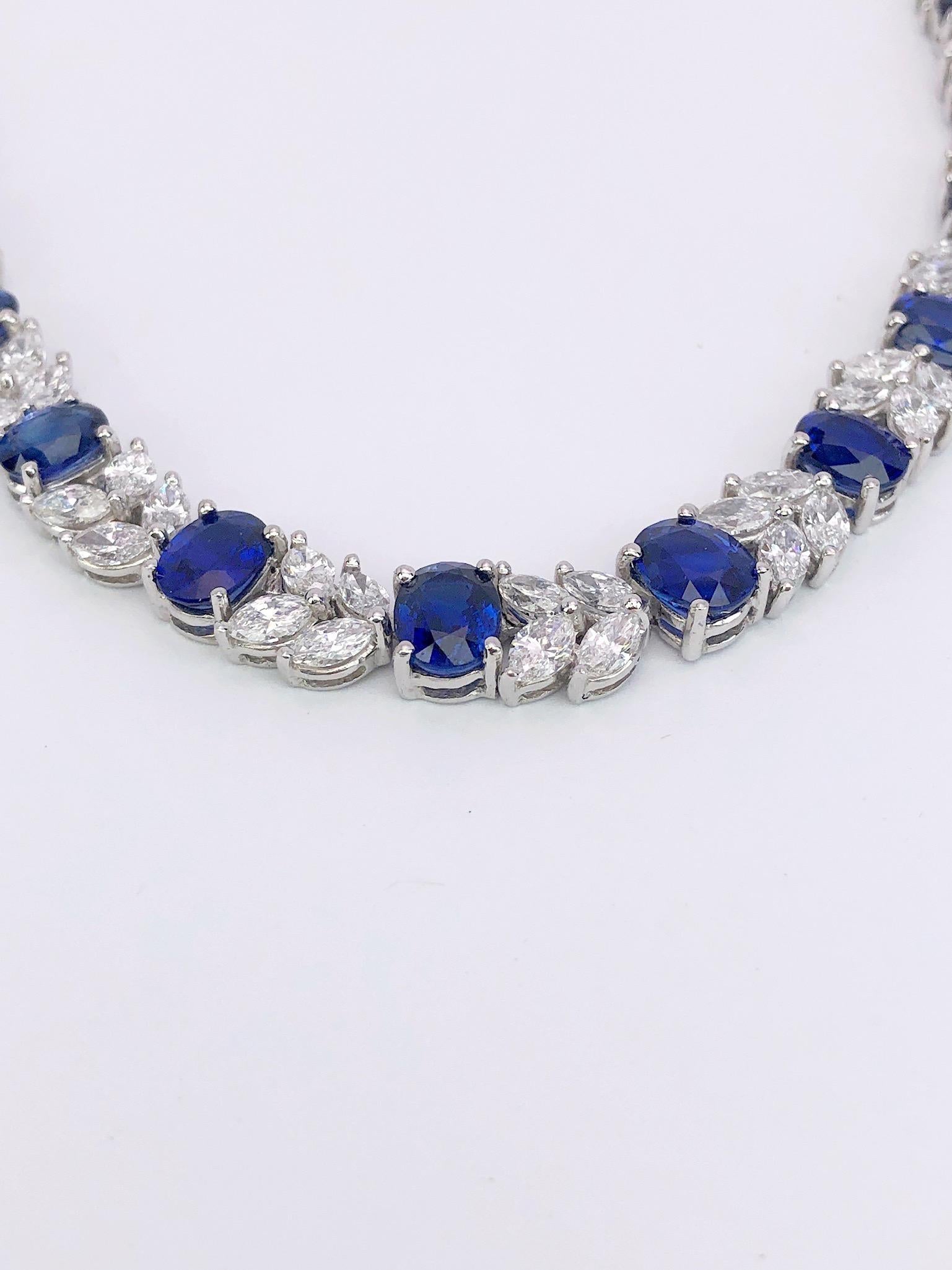 Women's or Men's Platinum Necklace 33.70 Carat Oval Blue Sapphires and 13.22 Carat Diamonds