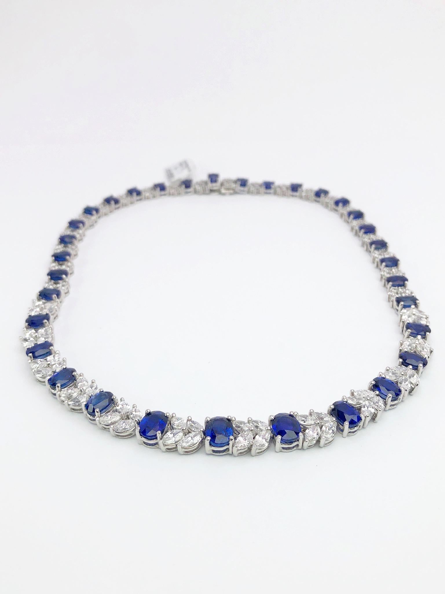 Platinum Necklace 33.70 Carat Oval Blue Sapphires and 13.22 Carat Diamonds 2