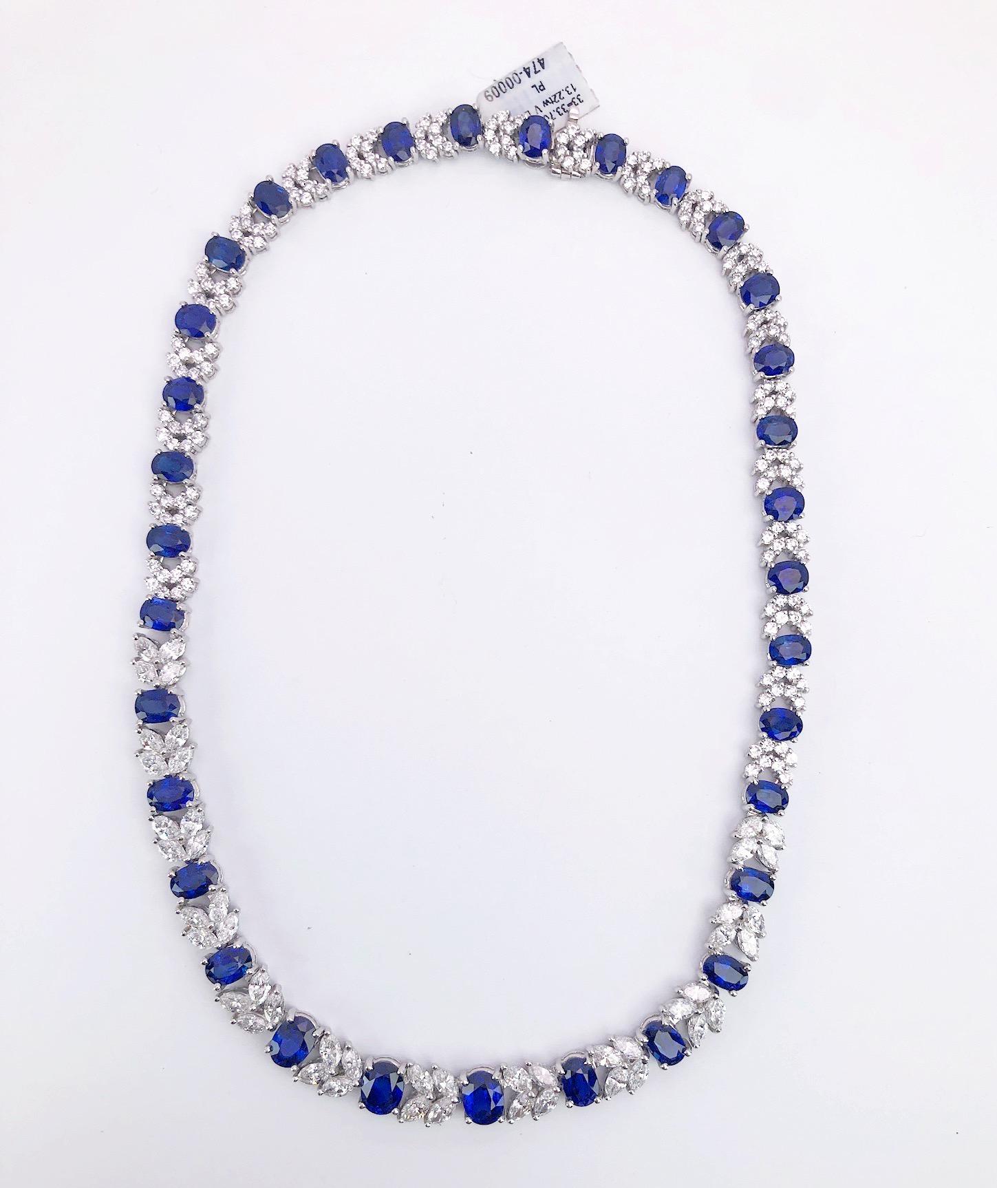 Platinum Necklace 33.70 Carat Oval Blue Sapphires and 13.22 Carat Diamonds 3