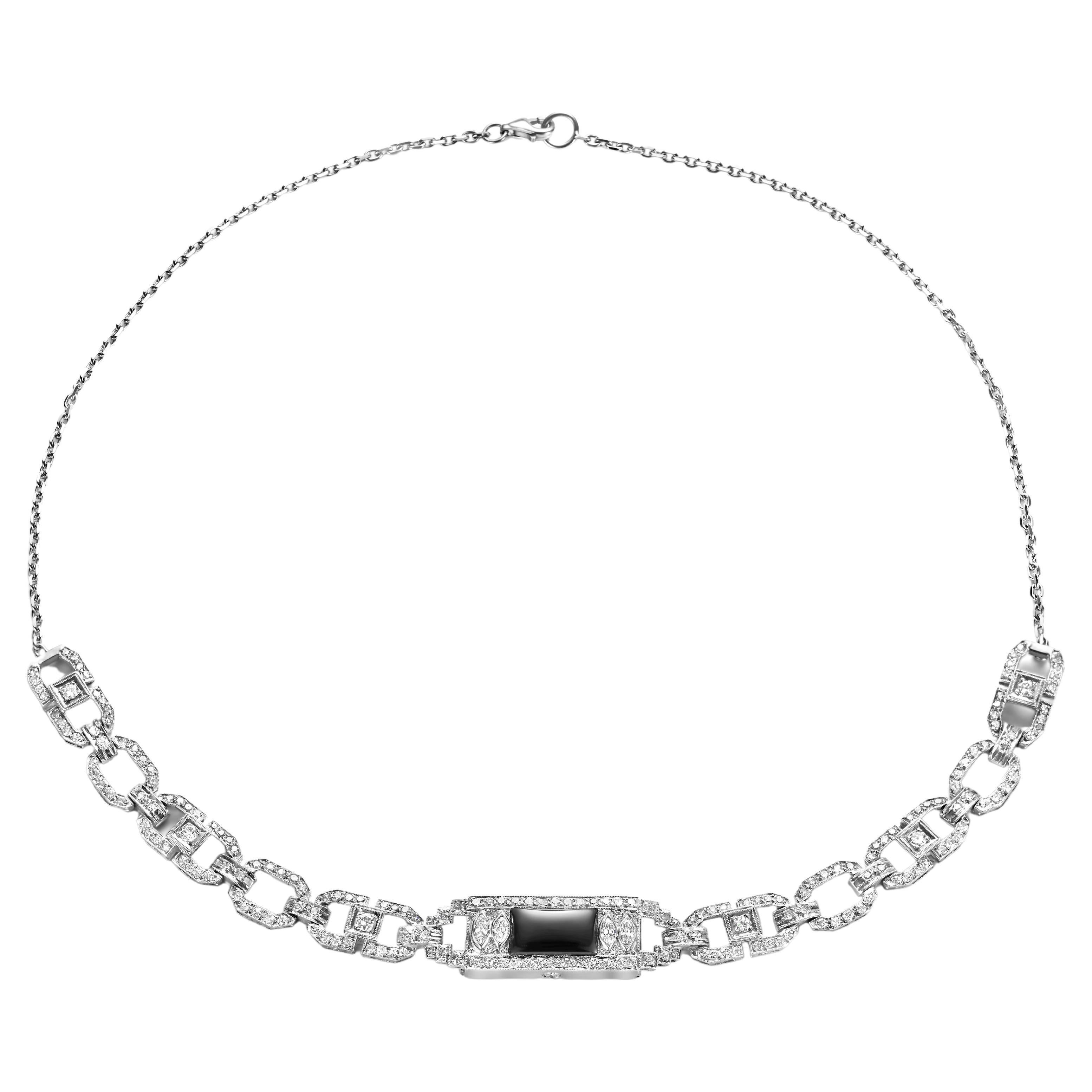 Platinum Necklace on 18 kt Gold Chain with Diamonds & Onyx