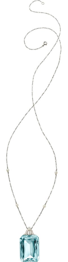 Platinum Necklace W/ Aquamarine Stone, Diamond, & Seed Pearl Pendant