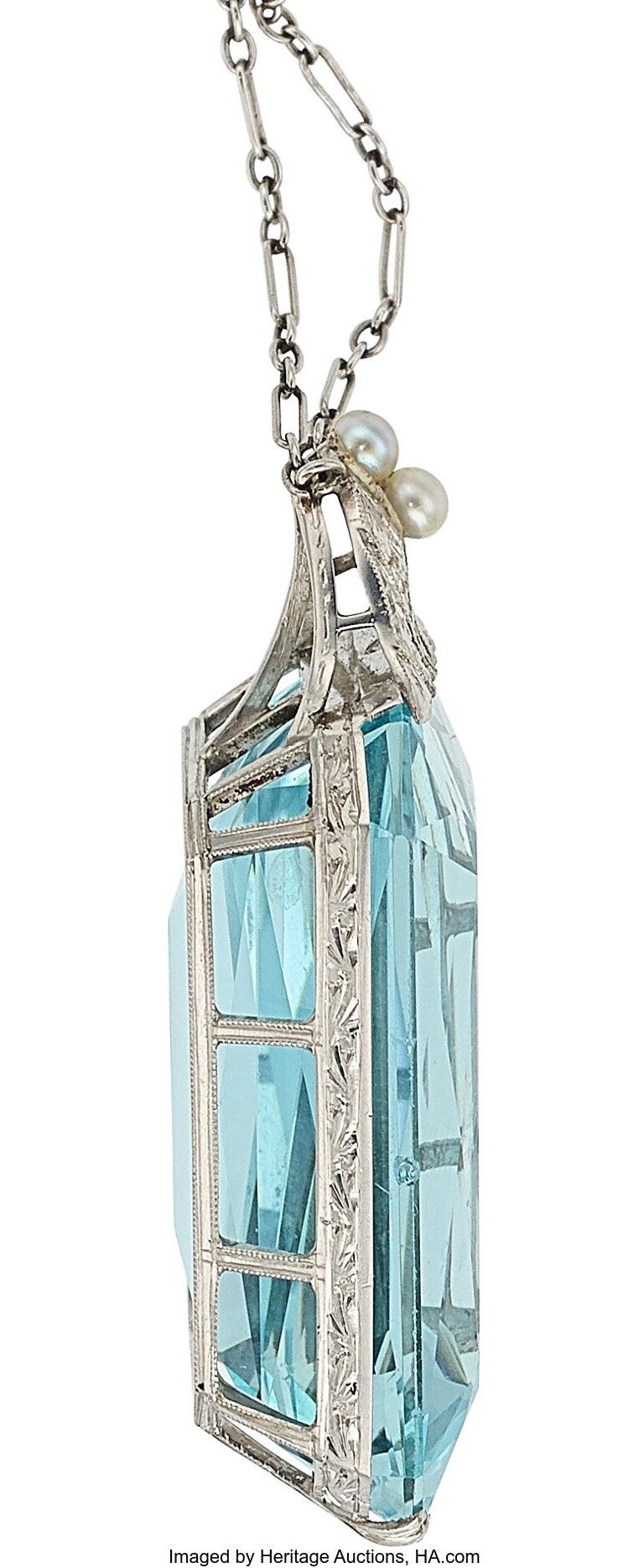 Art Deco Platinum Necklace W/ Aquamarine Stone, Diamond, & Seed Pearl Pendant For Sale