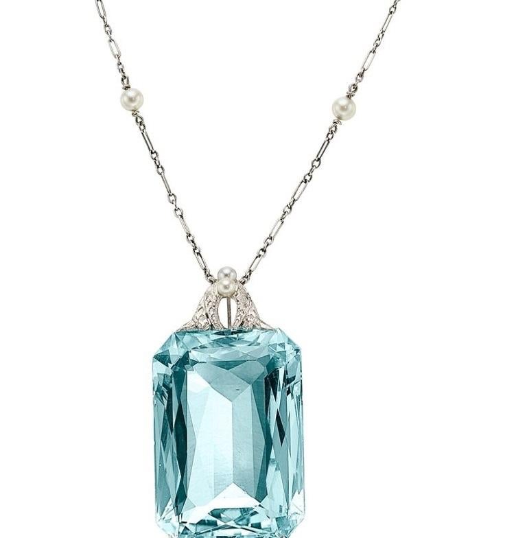 Emerald Cut Platinum Necklace W/ Aquamarine Stone, Diamond, & Seed Pearl Pendant For Sale