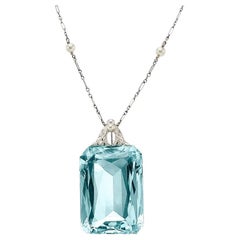 Platinum Necklace W/ Aquamarine Stone, Diamond, & Seed Pearl Pendant