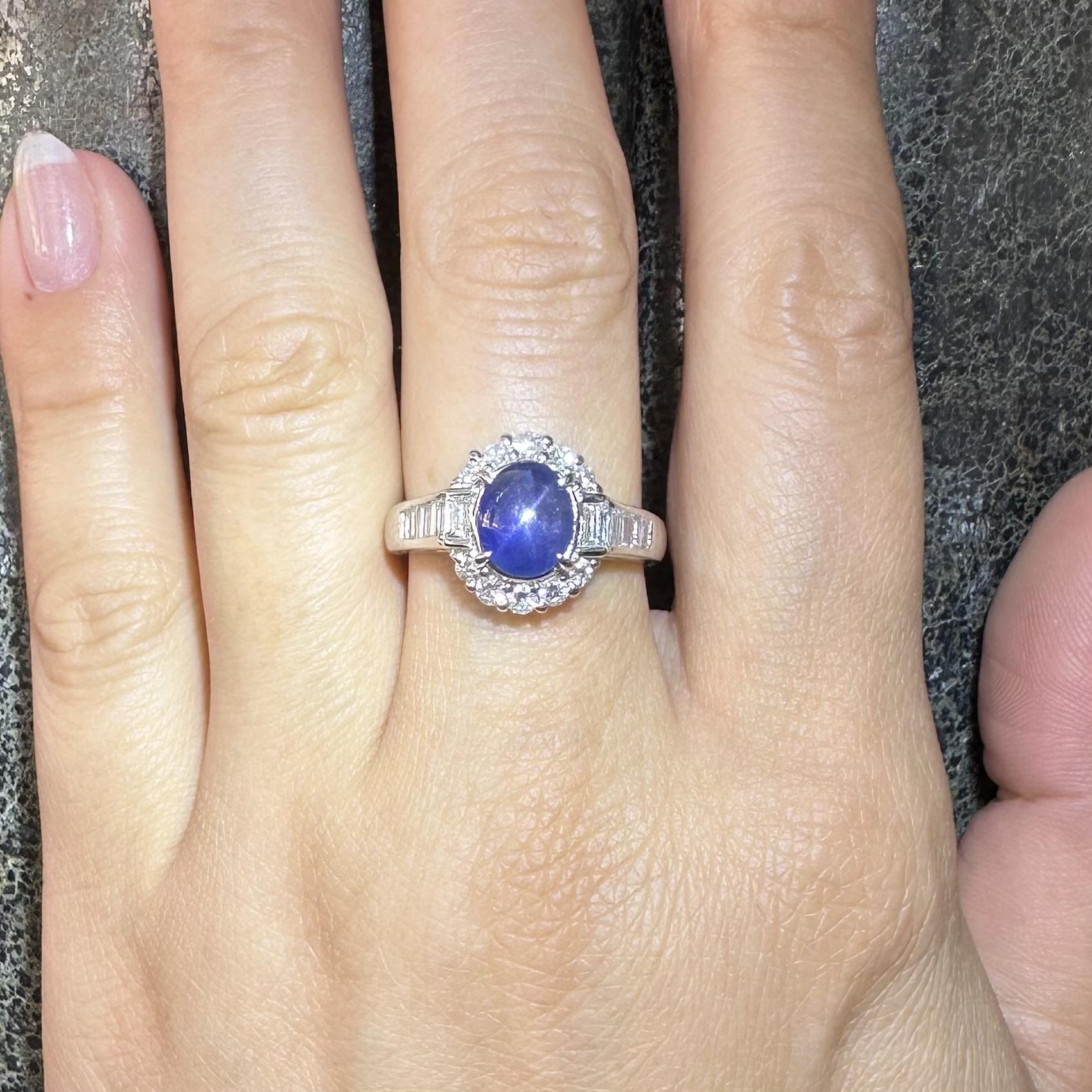 Platinum No Heat Color Change Star Sapphire w/ Baguette Diamond Ring For Sale 9