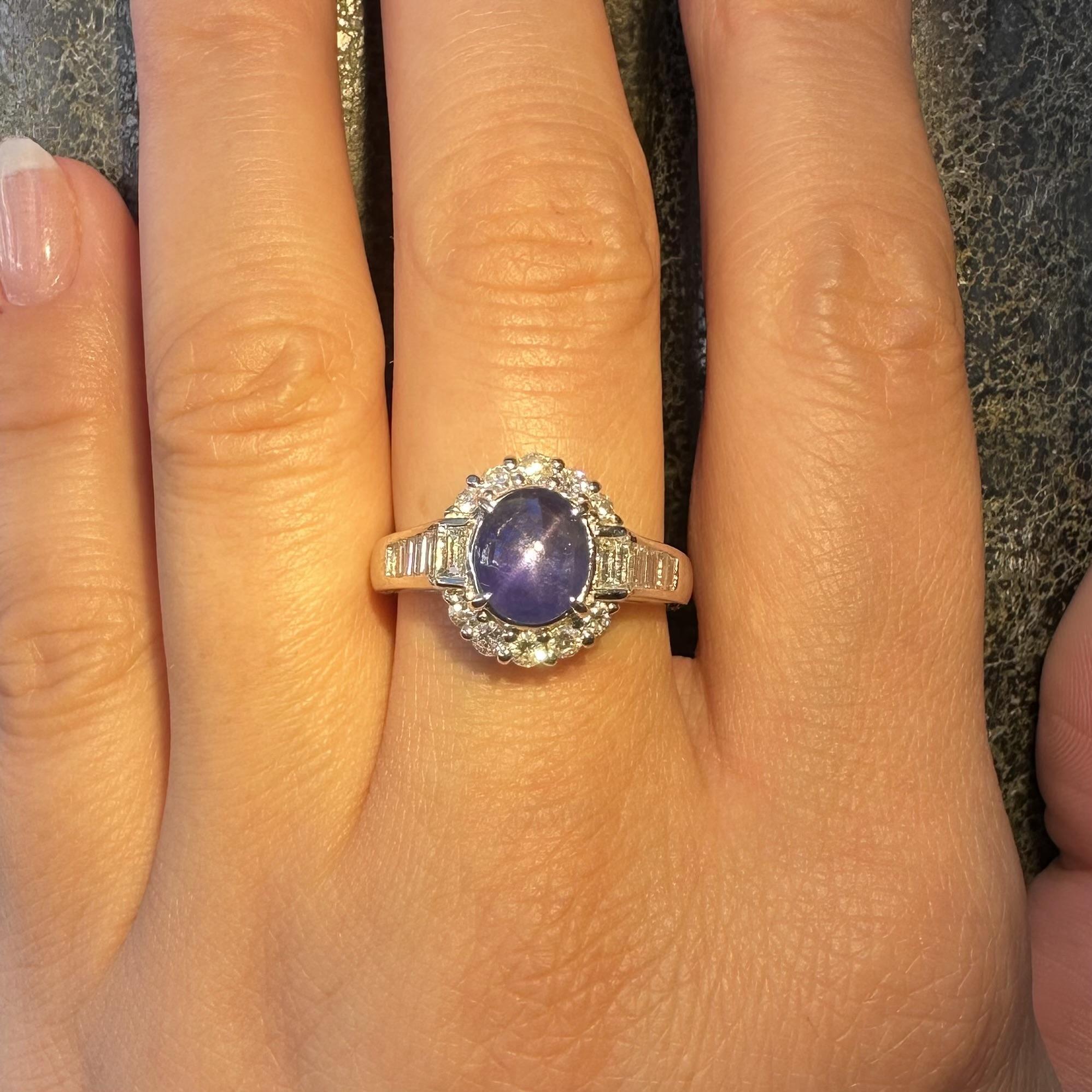 Platinum No Heat Color Change Star Sapphire w/ Baguette Diamond Ring For Sale 10