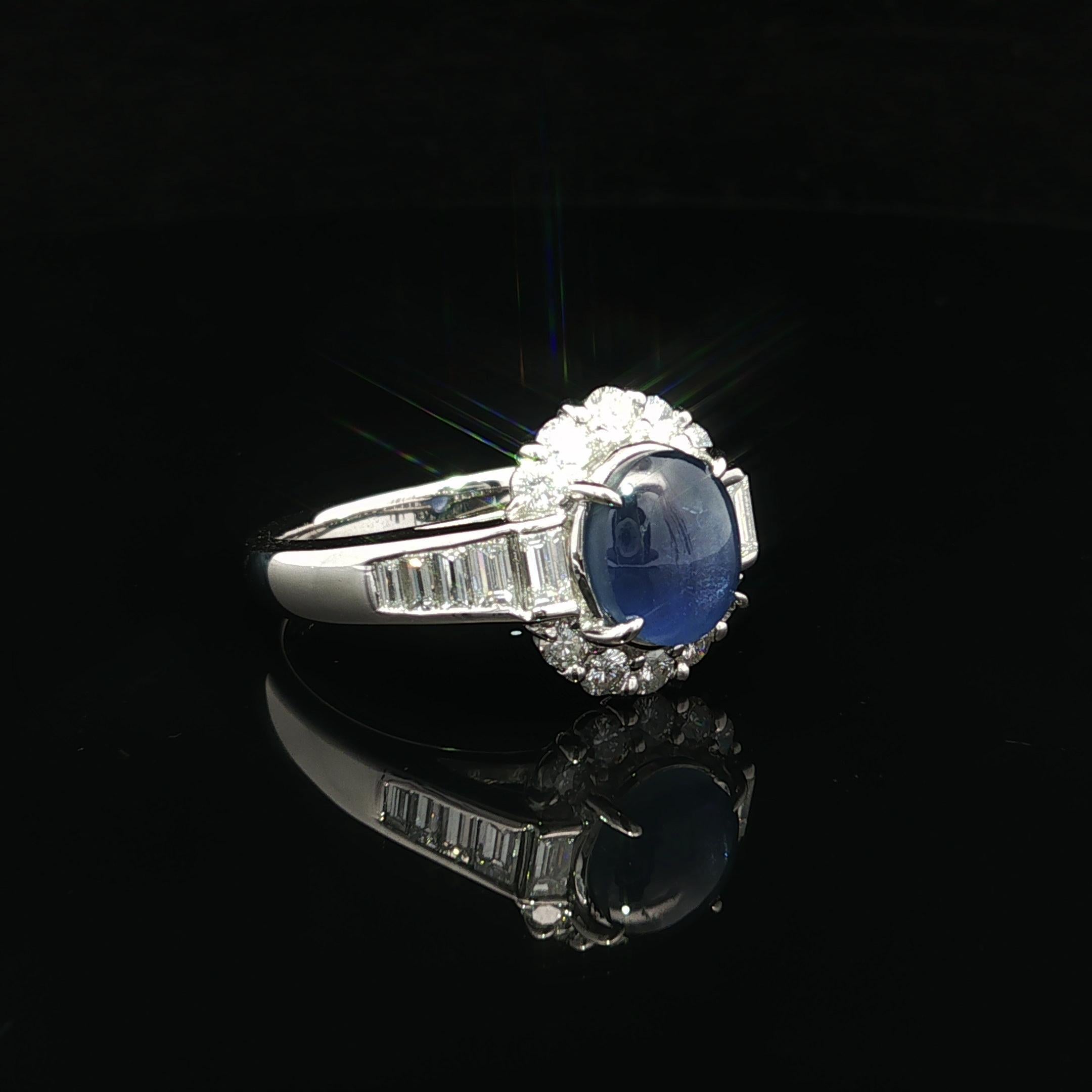 Cabochon Platinum No Heat Color Change Star Sapphire w/ Baguette Diamond Ring For Sale