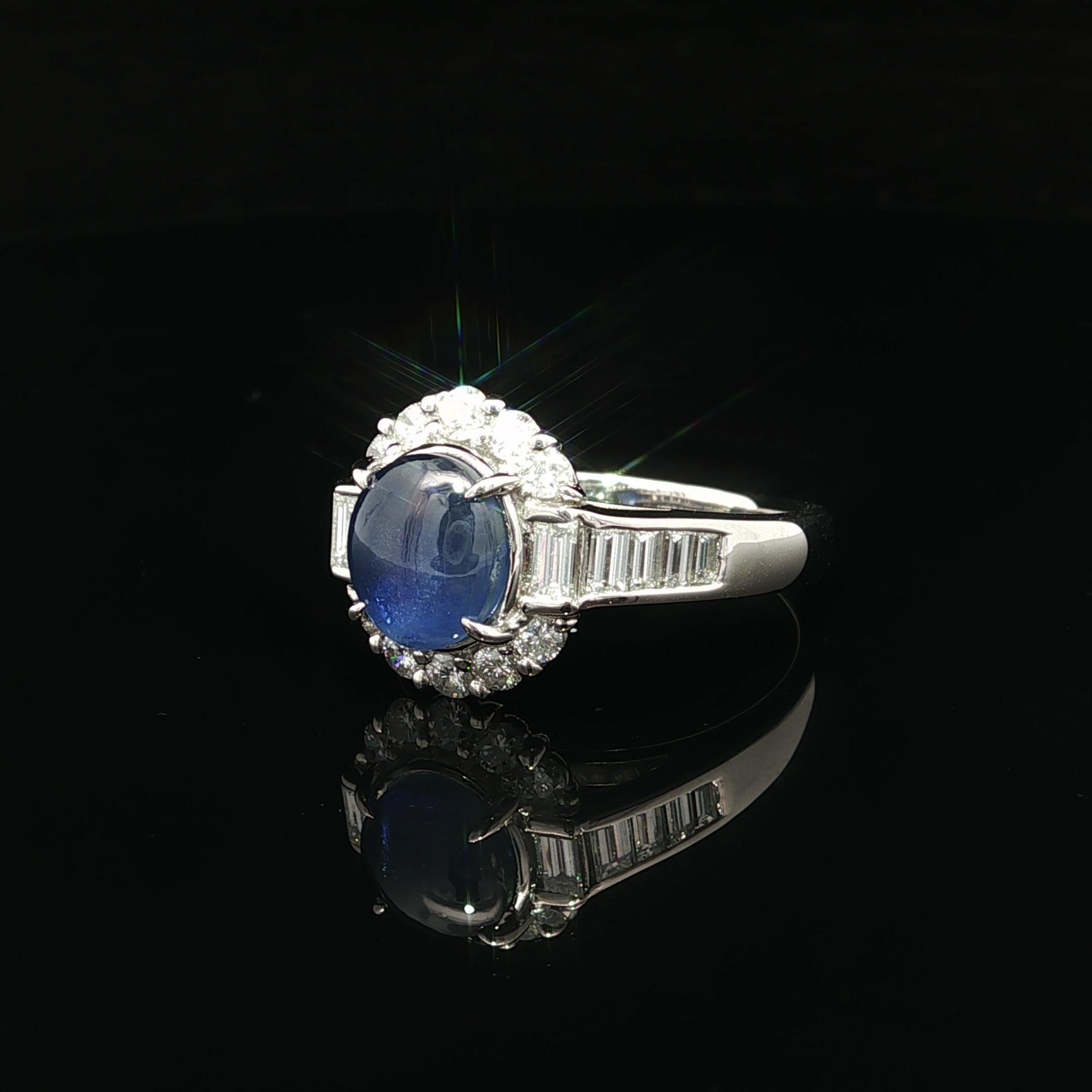 Platinum No Heat Color Change Star Sapphire w/ Baguette Diamond Ring In Excellent Condition For Sale In Montclair, NJ