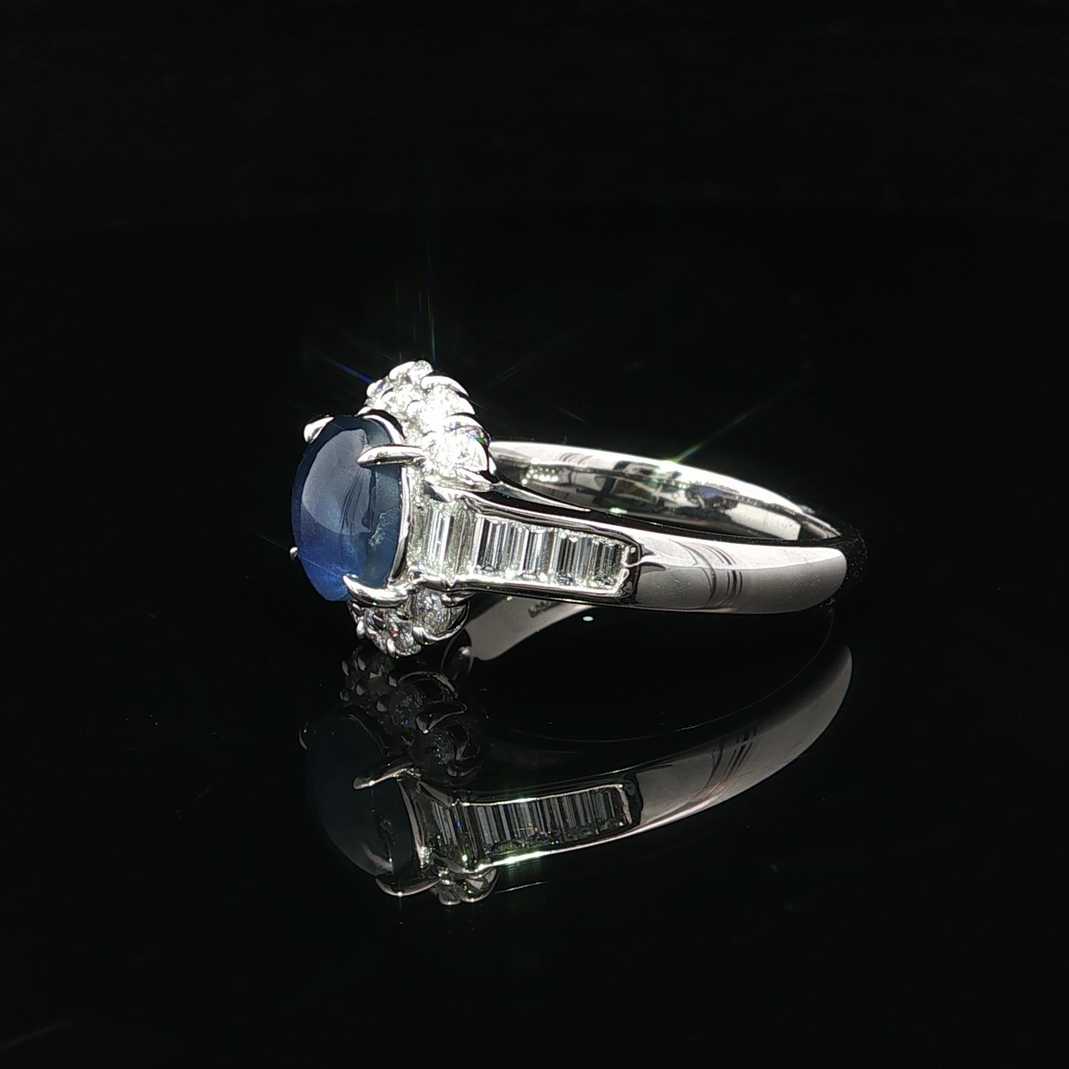 Women's Platinum No Heat Color Change Star Sapphire w/ Baguette Diamond Ring For Sale