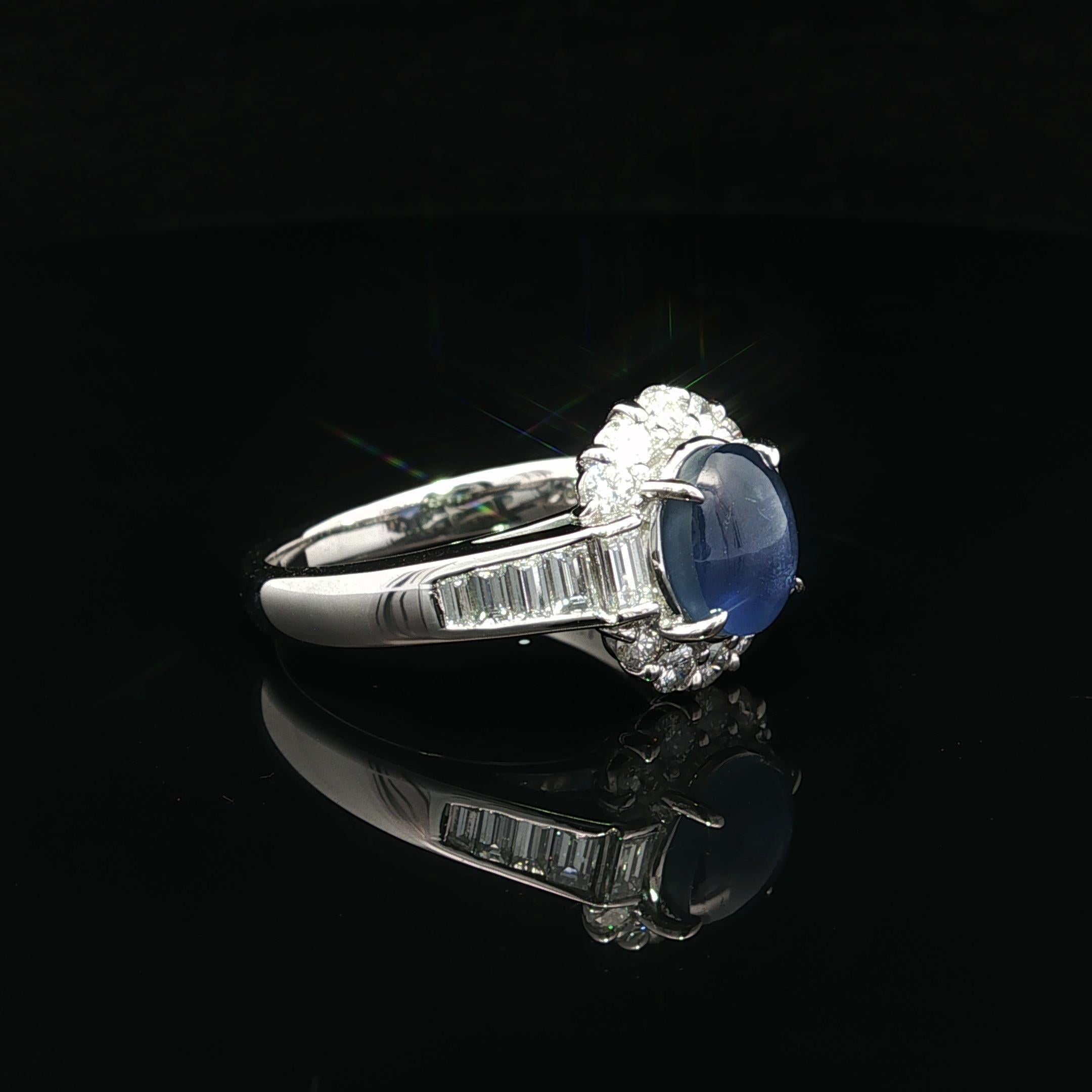 Platinum No Heat Color Change Star Sapphire w/ Baguette Diamond Ring For Sale 1