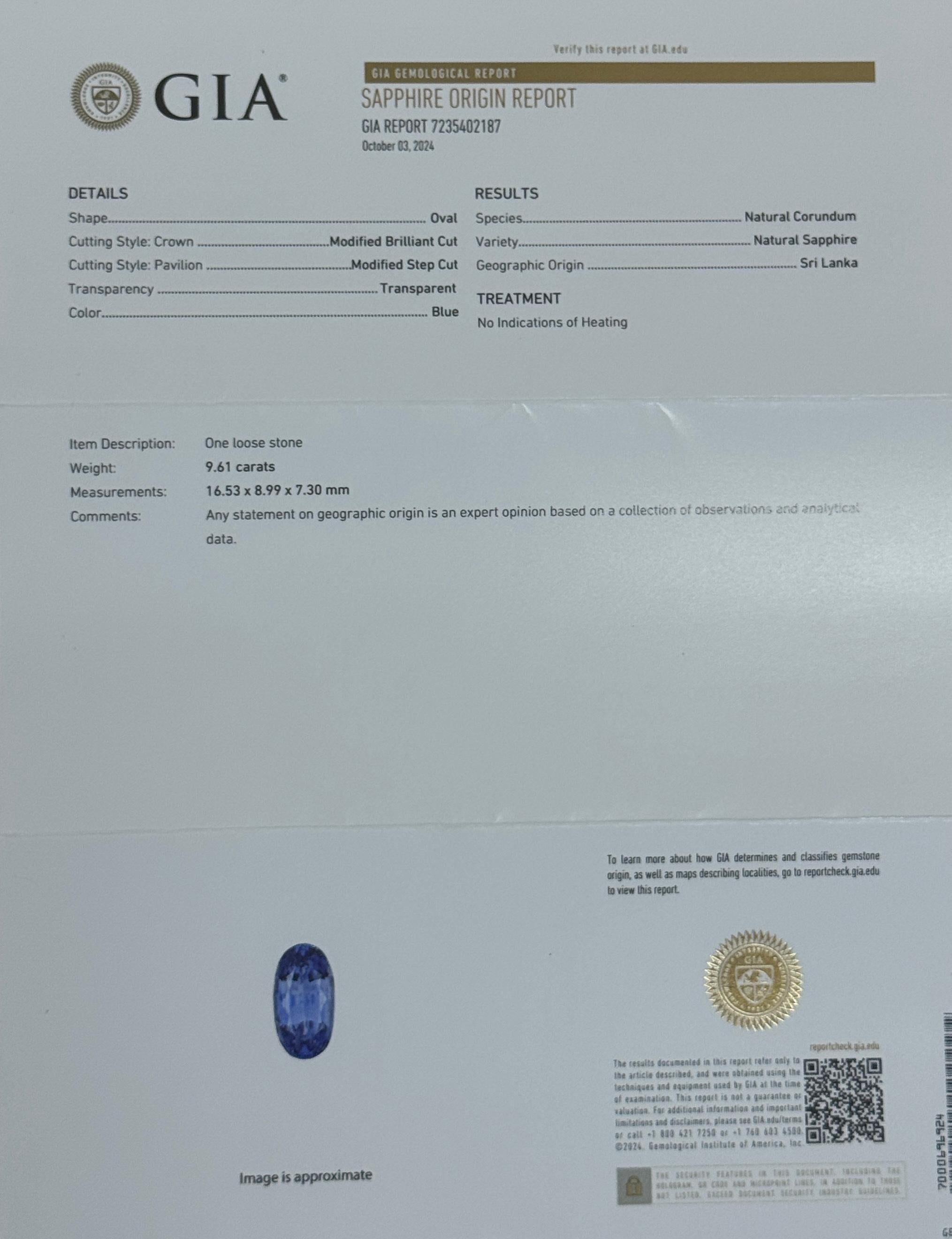 Platinum No-Heat GIA Certified Sapphire and Diamond Ring – 9.61 Carats in vendita 2