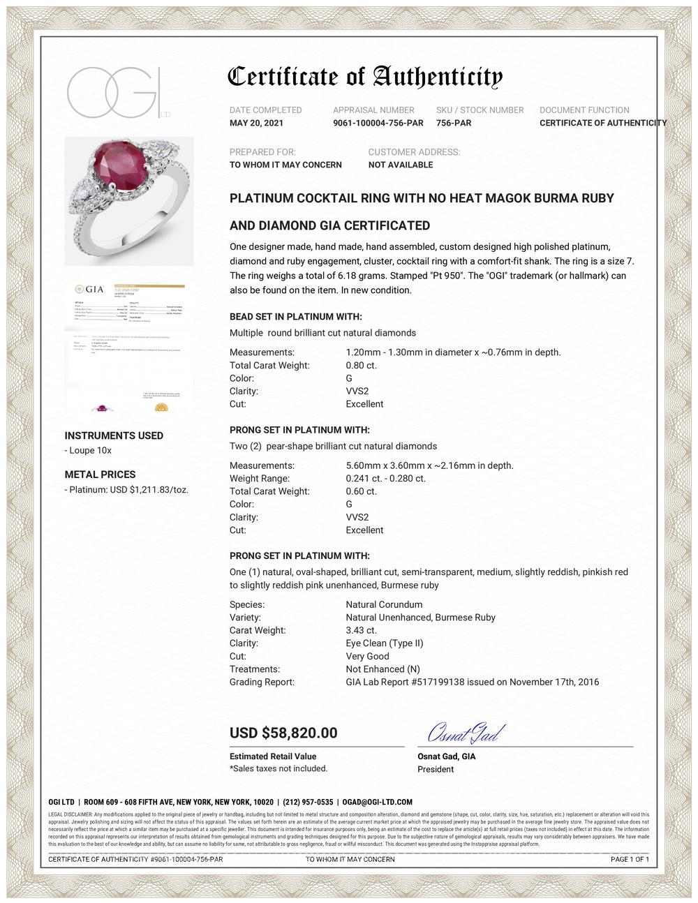 Platinum GIA certified Country of Origin Myanmar, one of a Kind, 3.43 carat Burma ruby platinum ring 
Certified as no indication of heat 
Pear shape diamonds side stones weighing 0.60 carat
Surrounded by pave-set diamonds weighing 0.80 carats 