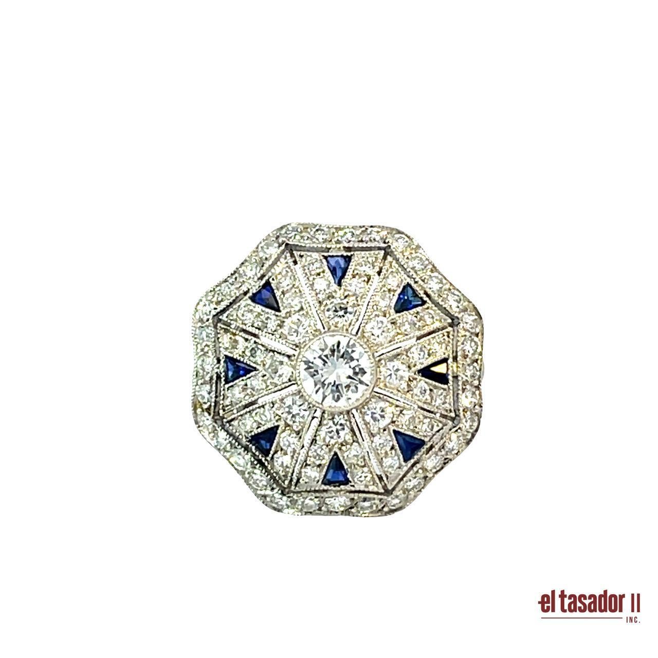Anello ottagonale di platino con diamanti e zaffiri - 5,3 g in vendita 1
